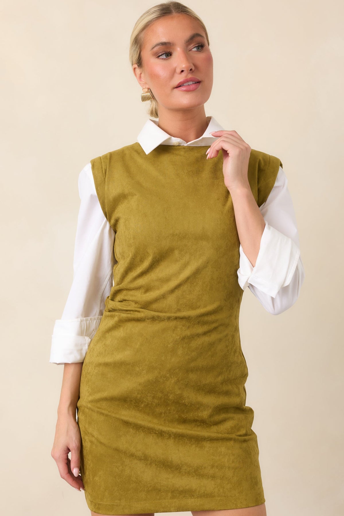 On My Agenda Chartreuse Ruched Sleeveless Mini Dress