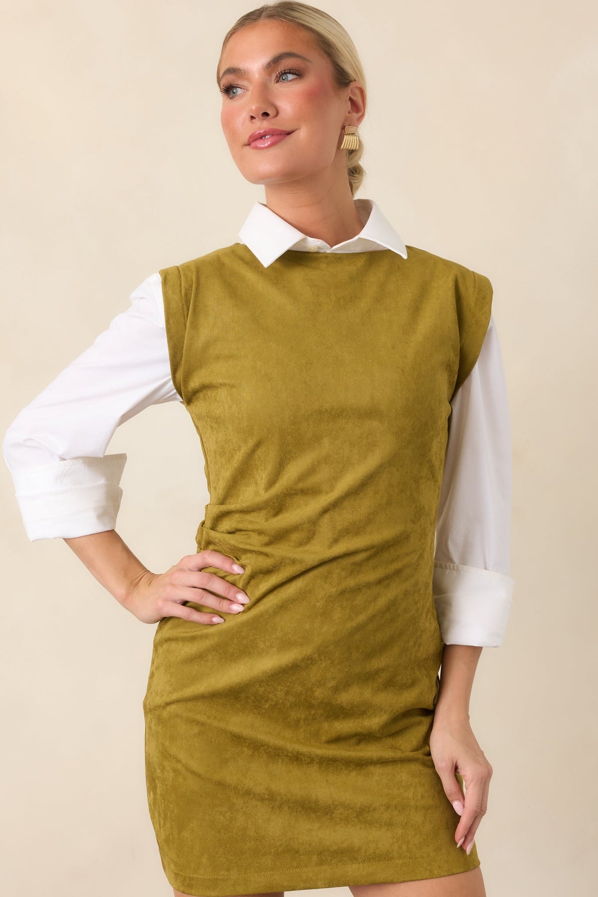 On My Agenda Chartreuse Ruched Sleeveless Mini Dress