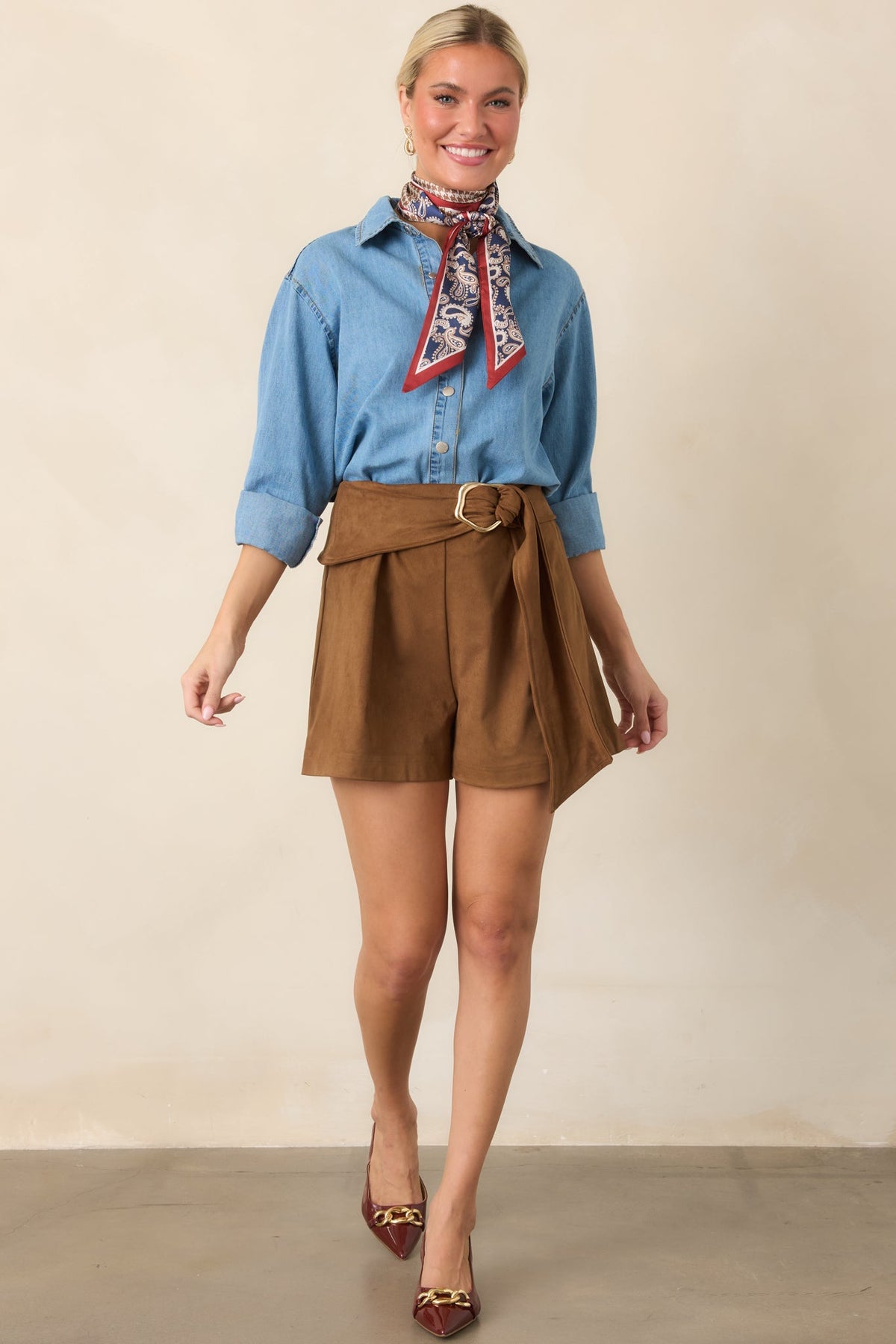 Buckled and Ready Chestnut Belted Faux Suede Shorts