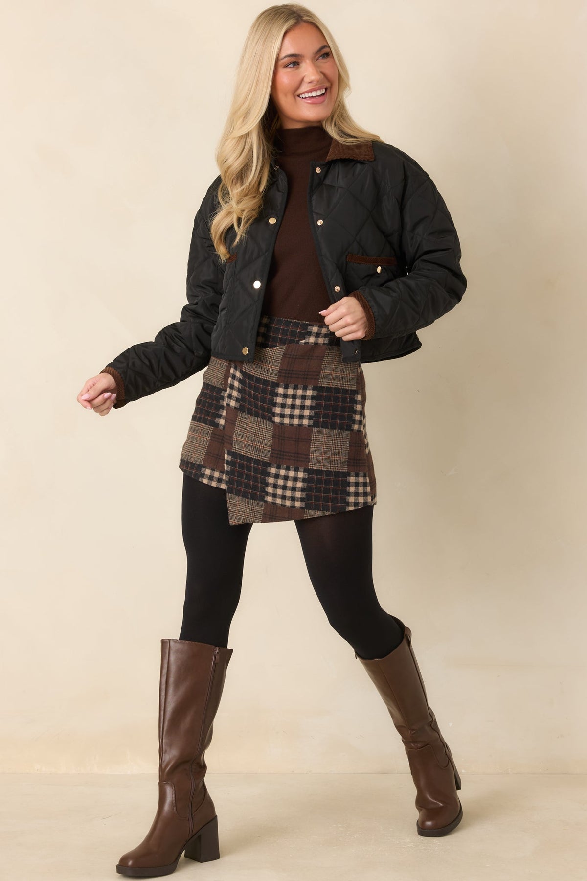 Putting It Together Brown Multi Patchwork Plaid Mini Skirt