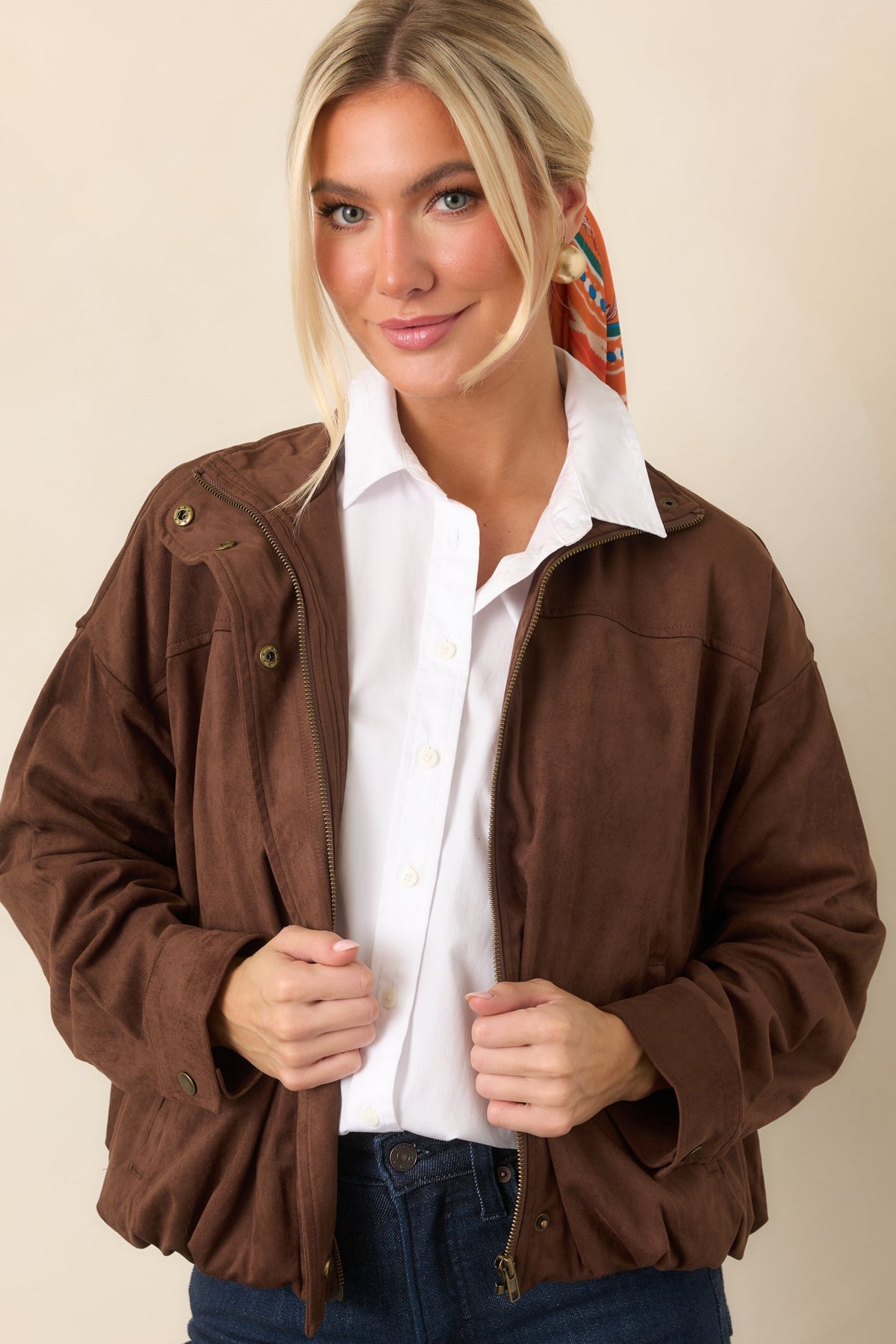 A Smooth Departure Chocolate Brown Faux Suede Bomber Jacket
