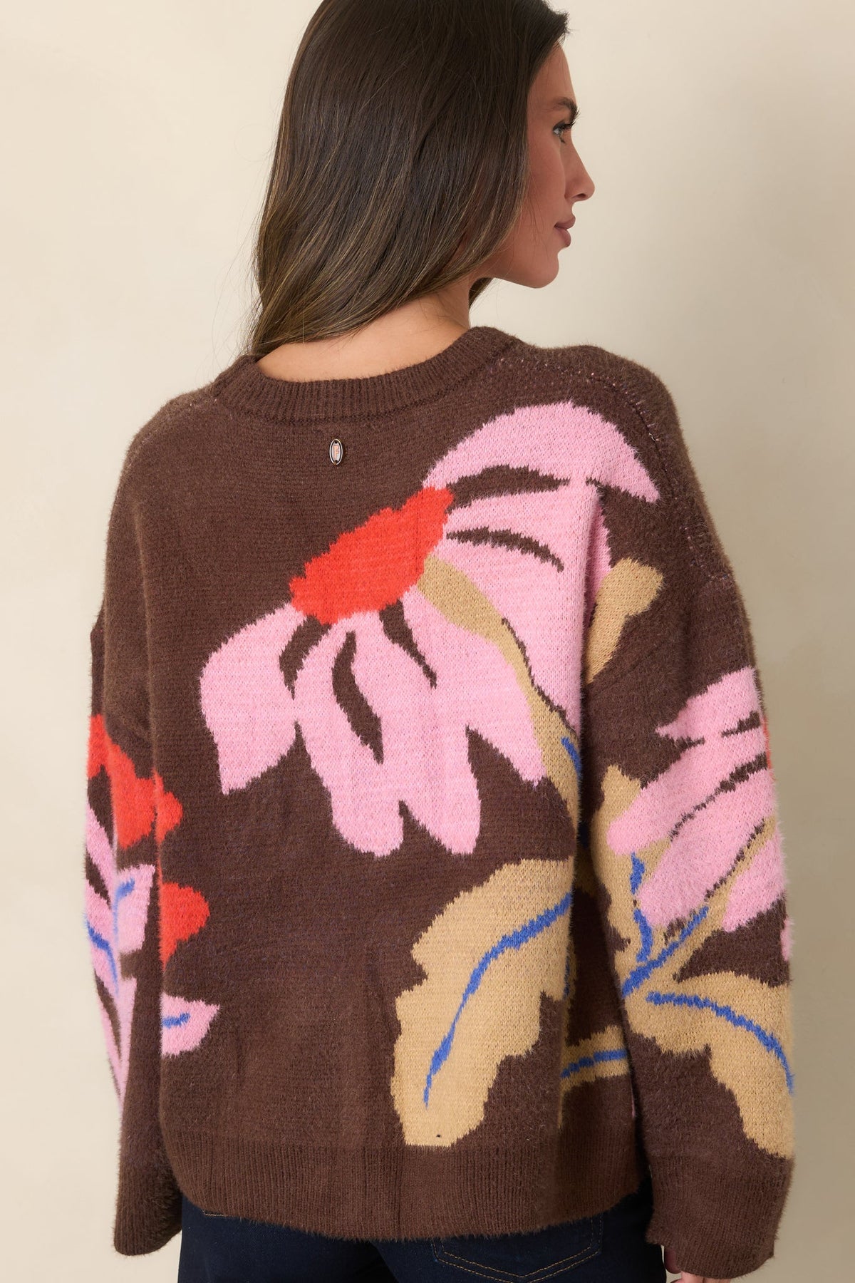 FRNCH Kumano Chocolate Floral Intarsia Pullover Sweater