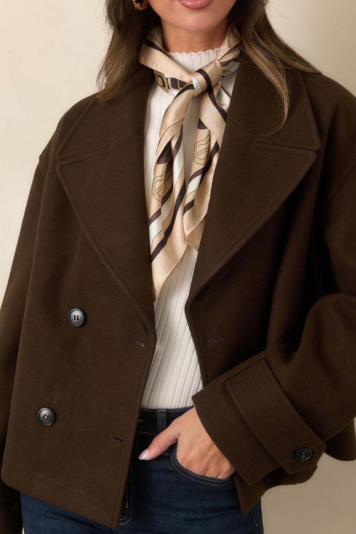 With Somewhere to Be Chocolate Brown Double-Breasted Cropped Jacket
