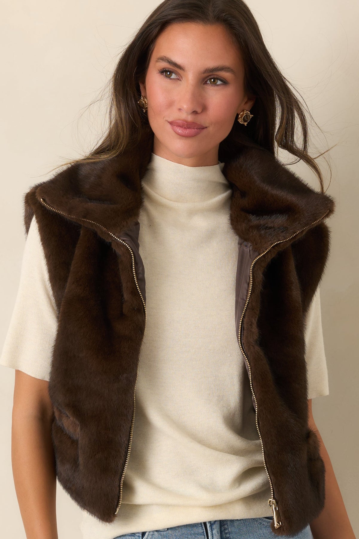Astrid Montana Brown Faux Fur Zip Front Vest