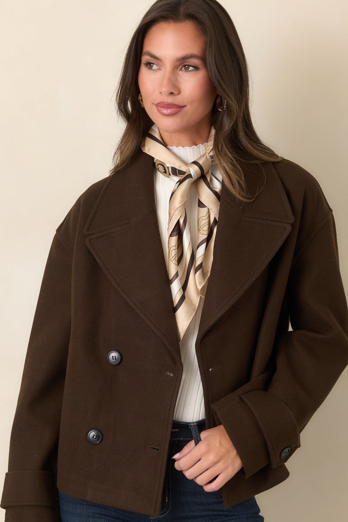 With Somewhere to Be Chocolate Brown Double-Breasted Cropped Jacket