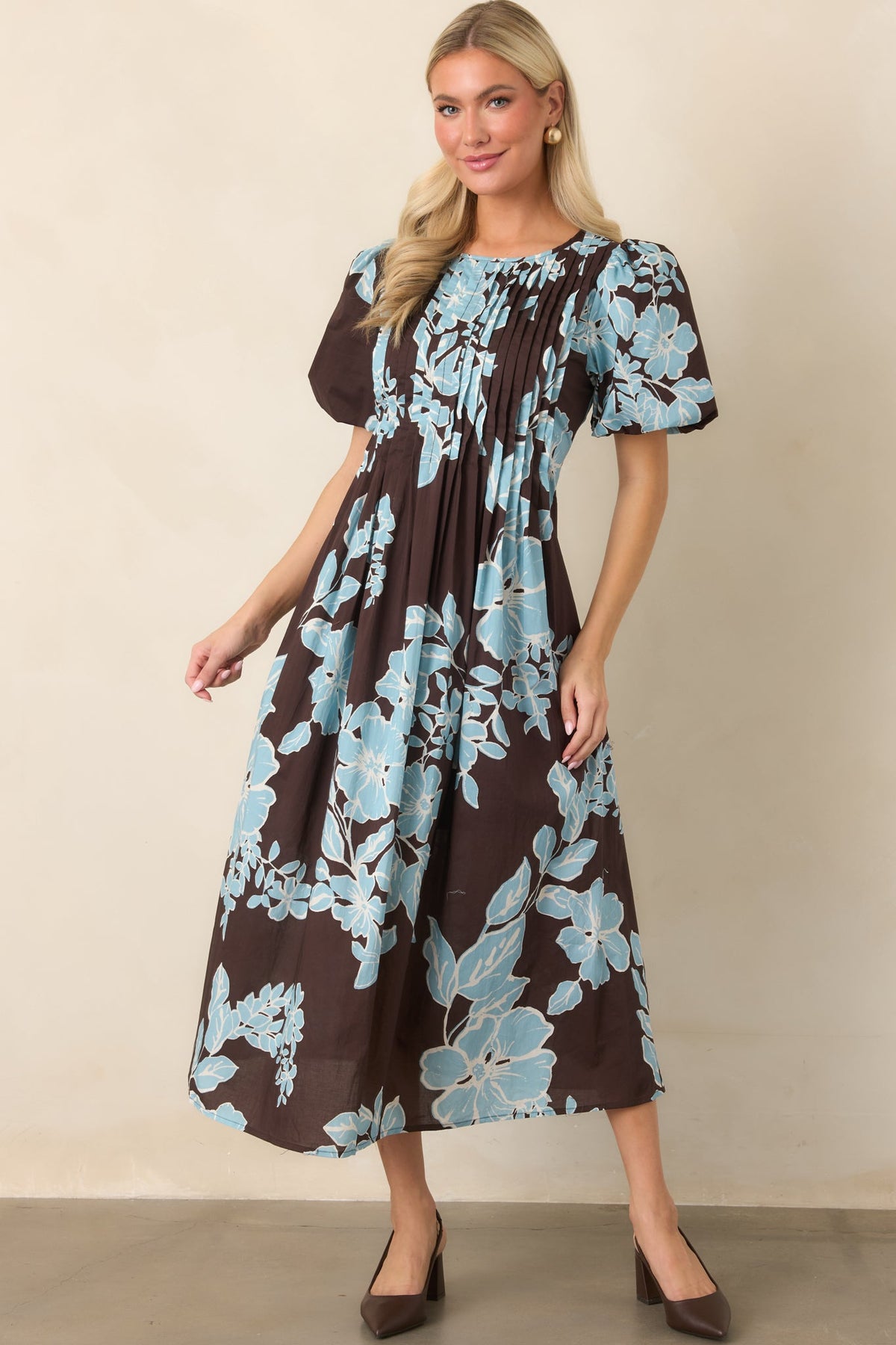 In a Garden State Chocolate Brown & Light Blue Floral Cotton Midi Dress