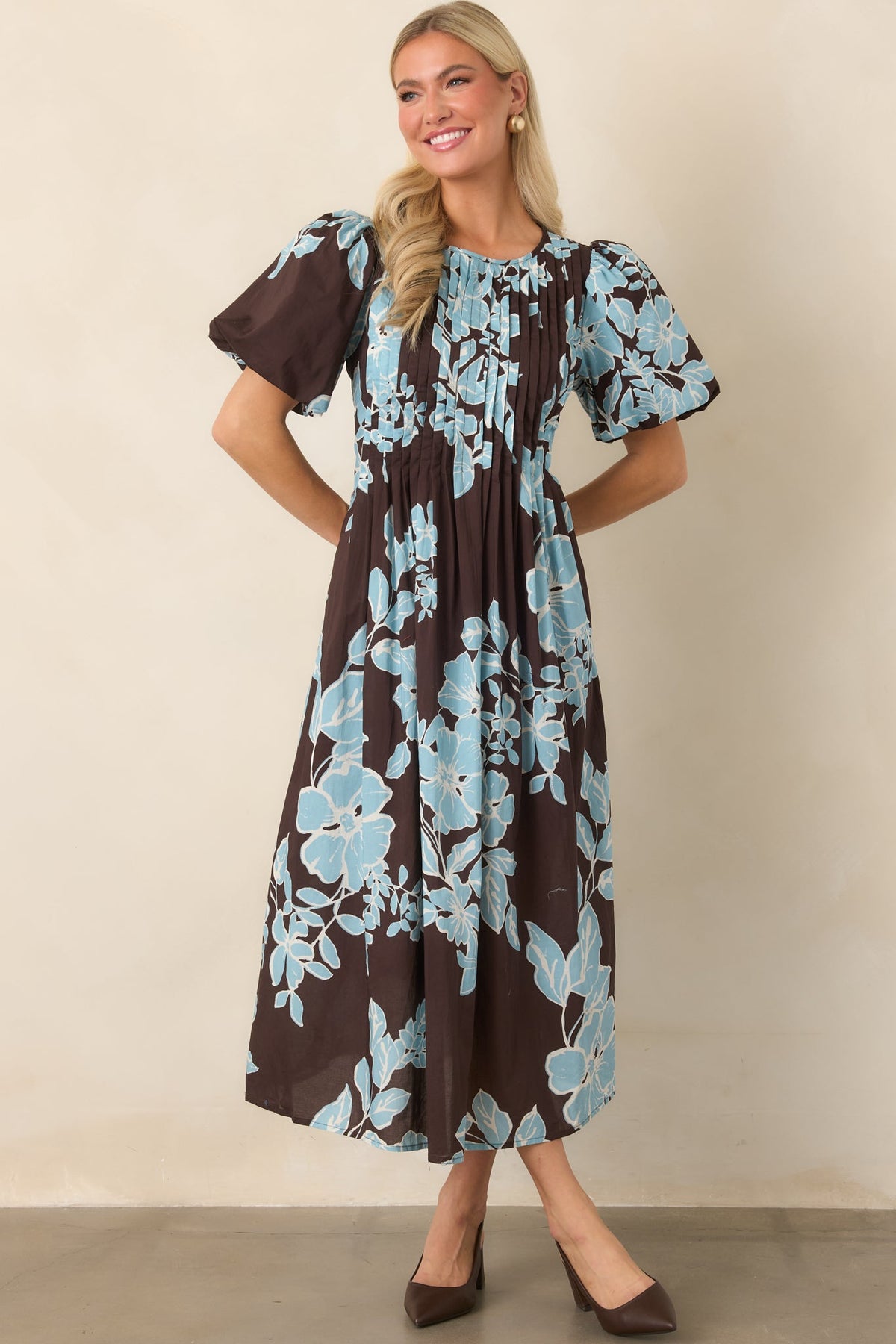 In a Garden State Chocolate Brown & Light Blue Floral Cotton Midi Dress