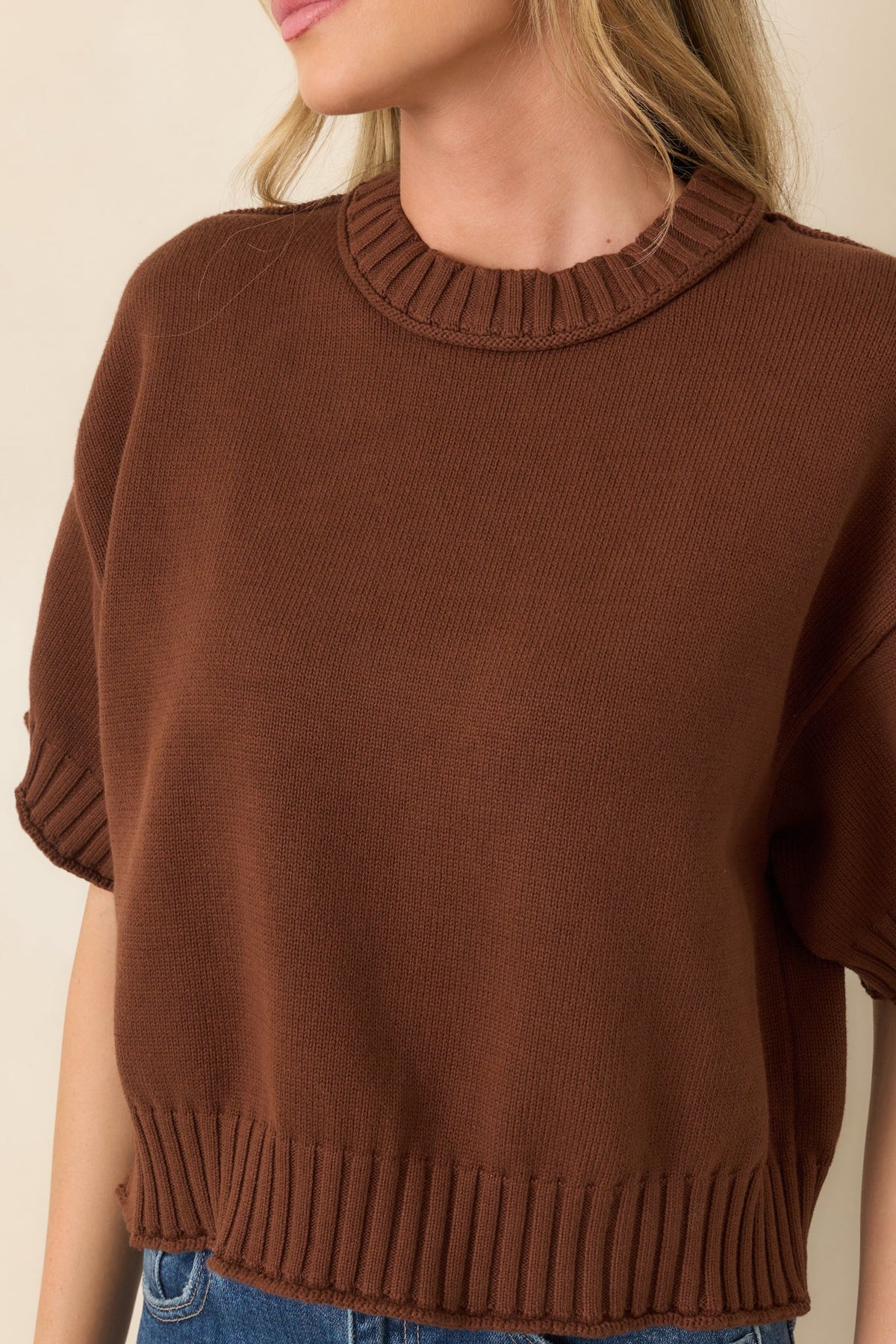 Right at Home Brown Cotton Short Sleeve Rib Trim Sweater