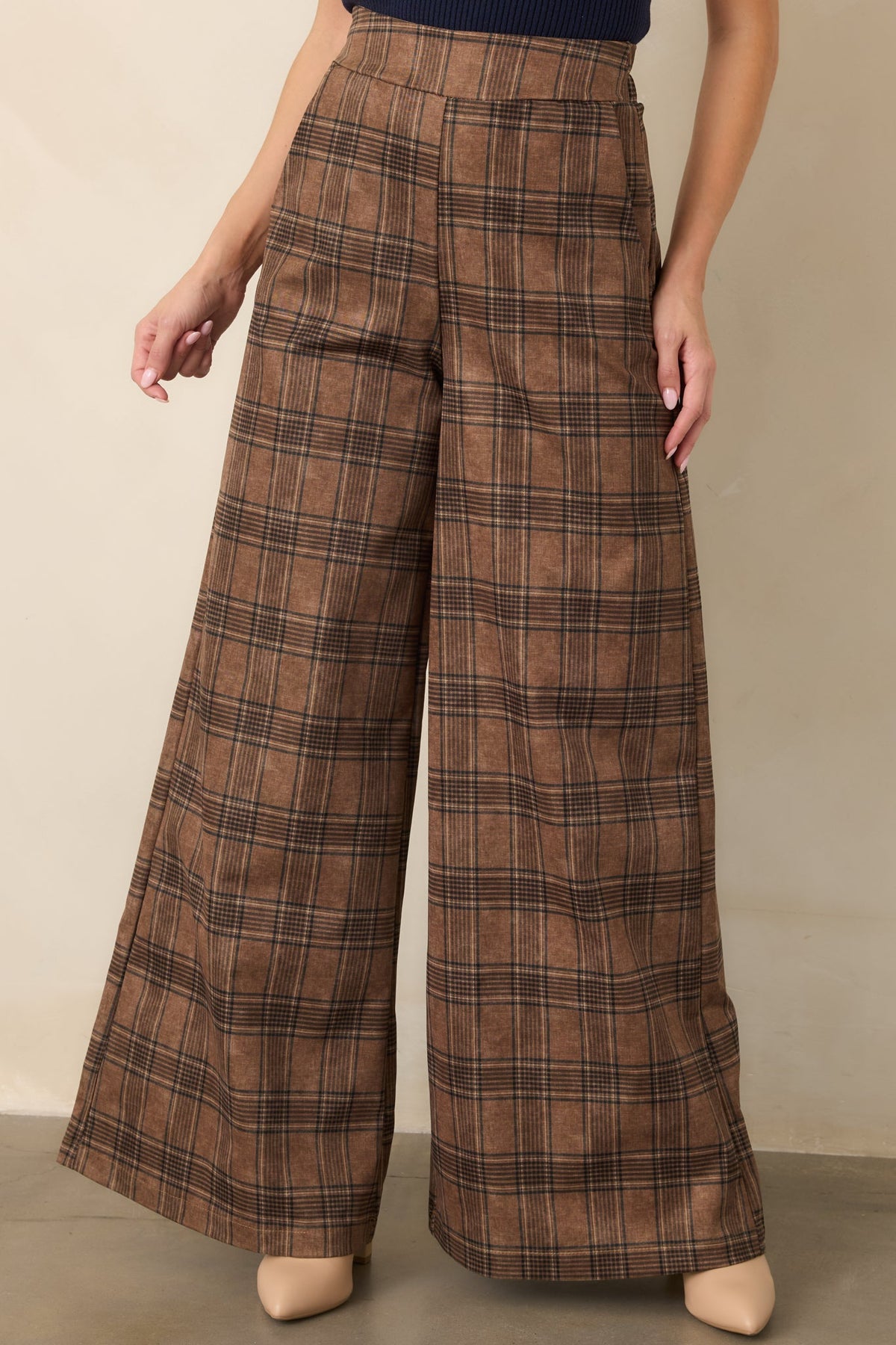Astrid Mitchel Brown Plaid High Rise Wide Leg Pants