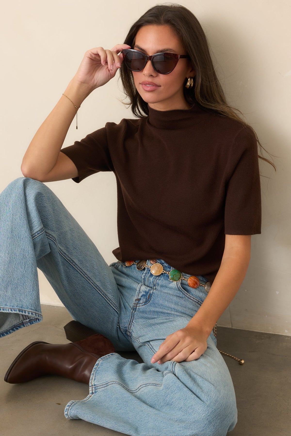 The Everyday Edit Brown Knit Turtleneck Short Sleeve Top