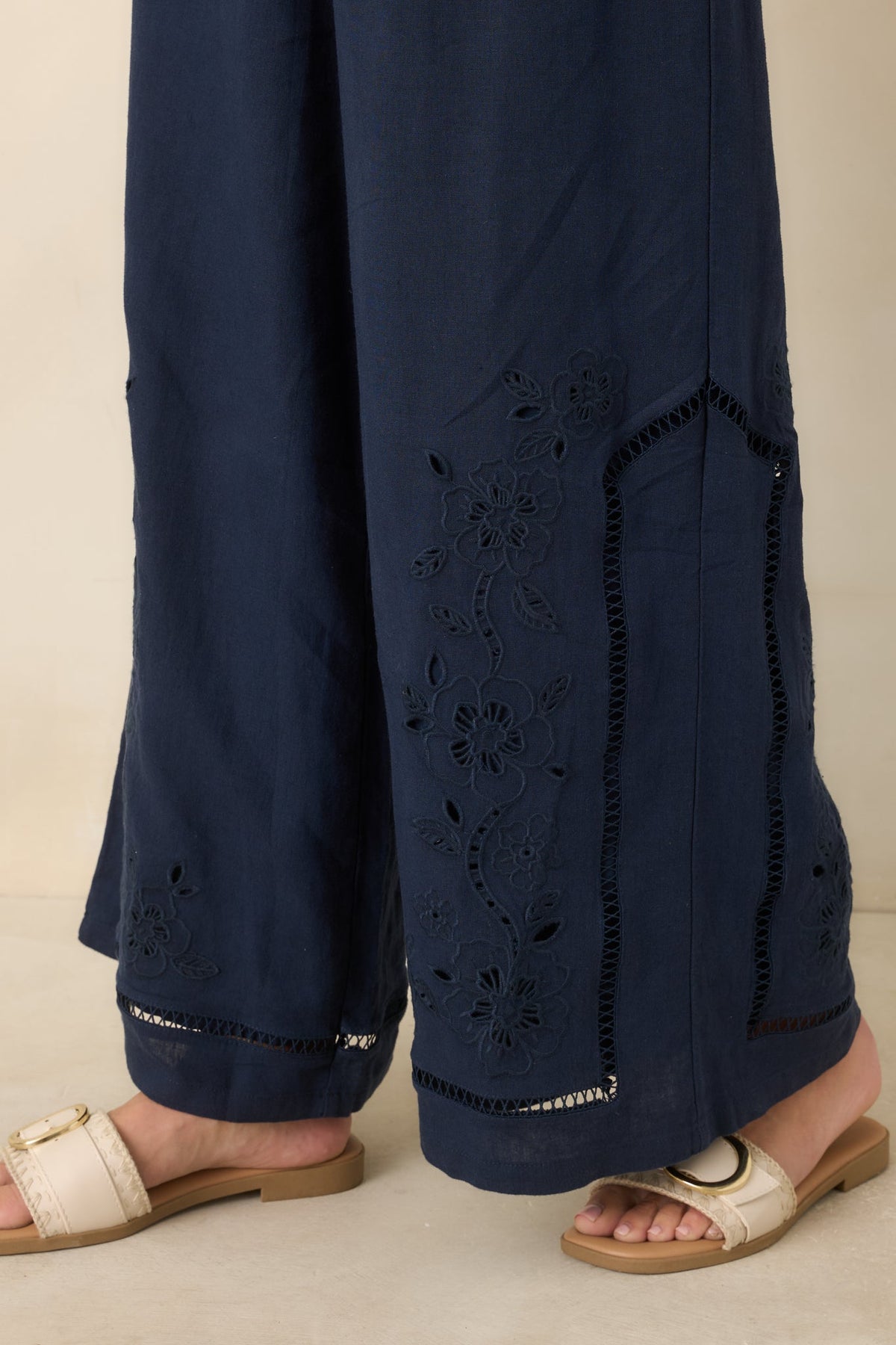Z Supply Sid Navy Linen Blend Embroidered Woven Pants