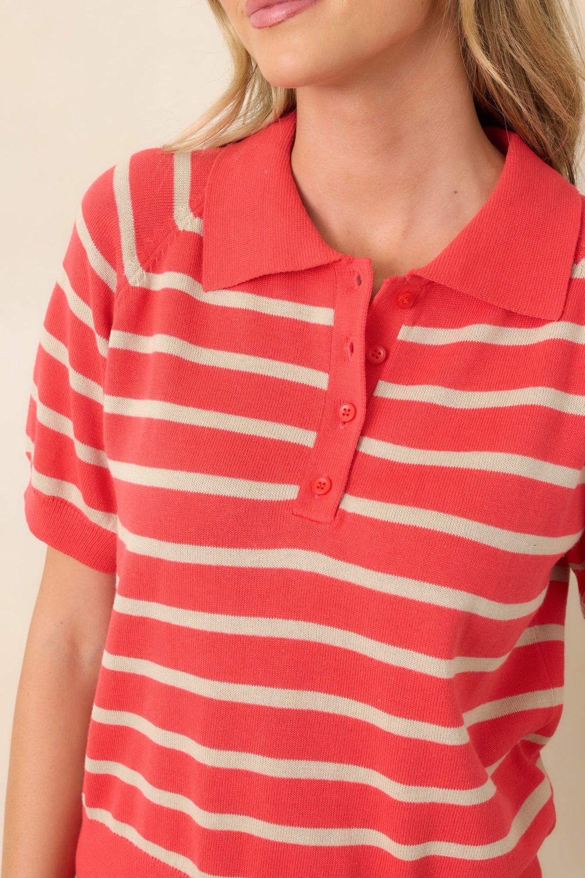 Worth Repeating Coral Red & Beige Striped Knit Polo Top