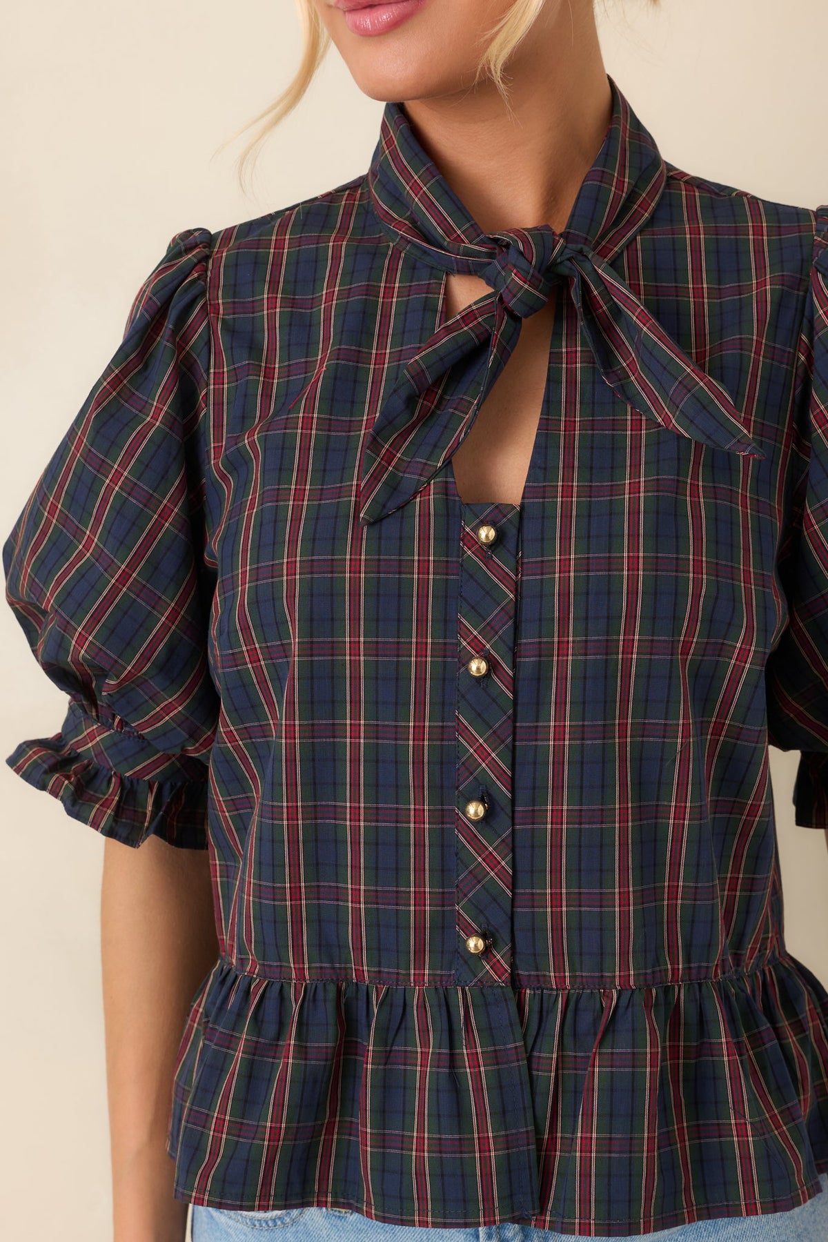 Tied to Tradition Navy & Green Plaid Cotton Peplum Blouse