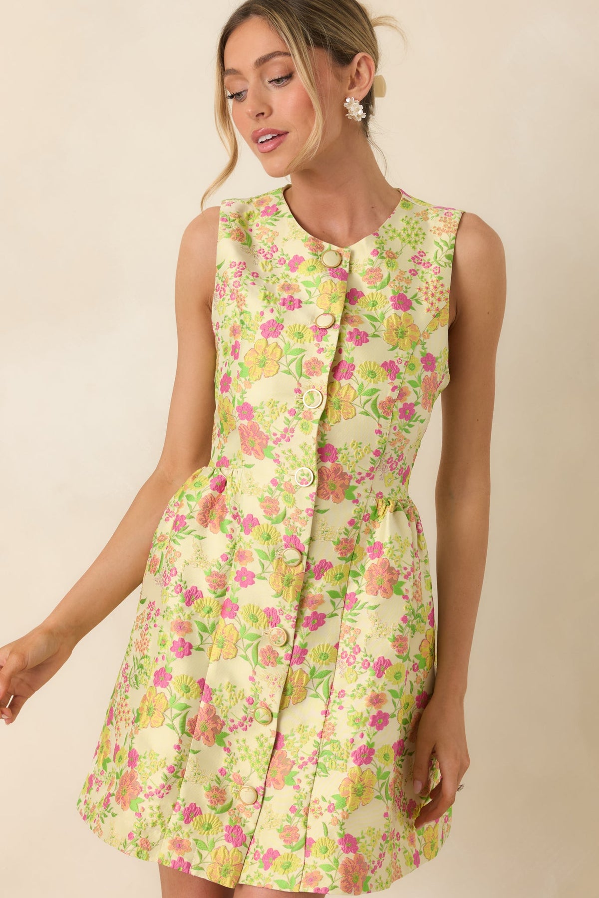 Fresh Picked Feelings Yellow Multi Floral Button Front Sleeveless Mini Dress