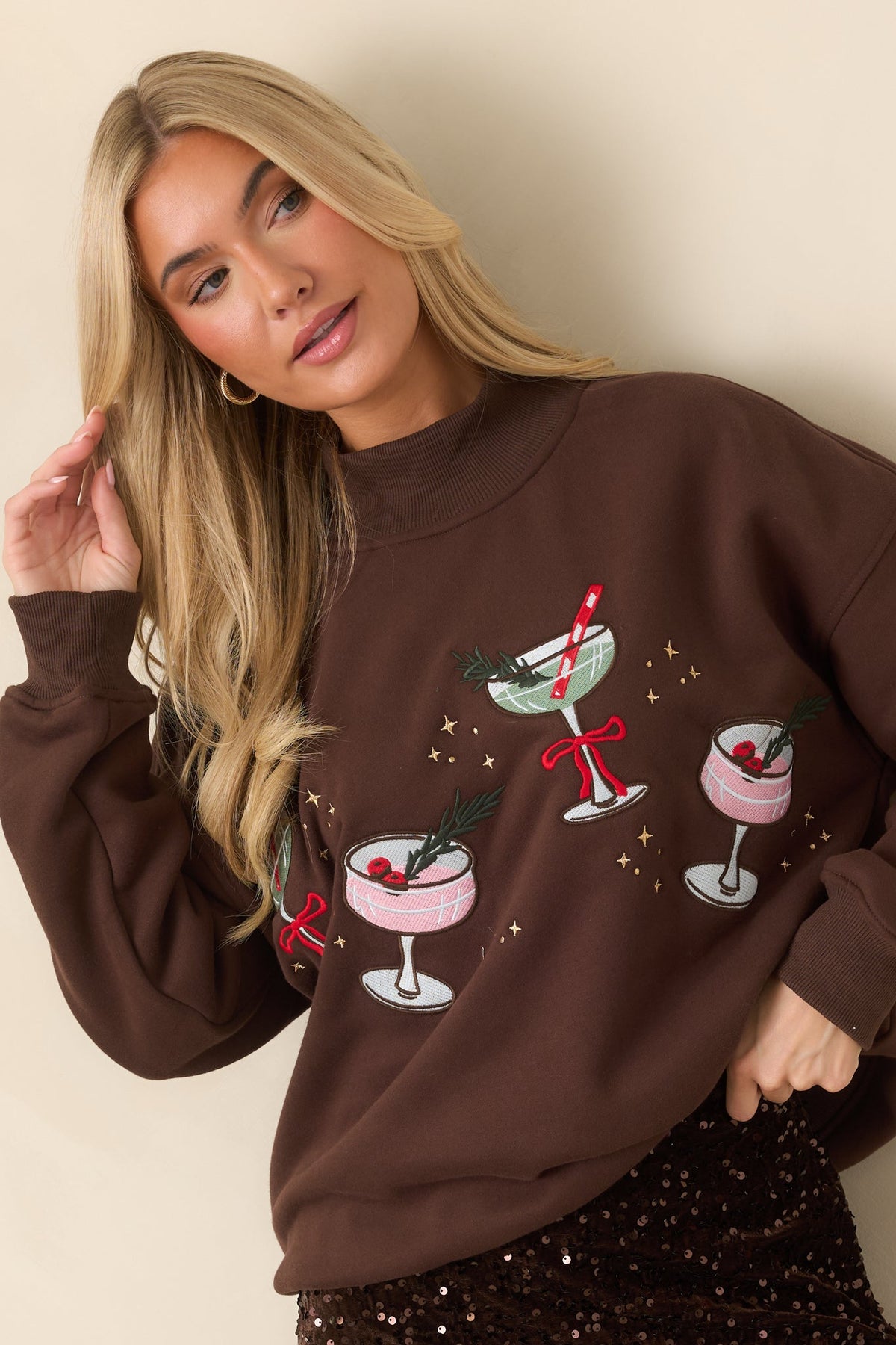 Consider My Spirits Lifted Cocoa Brown Embroidered Mock Neck Sweatshirt