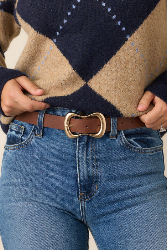 Shape of Things Cognac Faux Leather Sculptural Buckle Belt