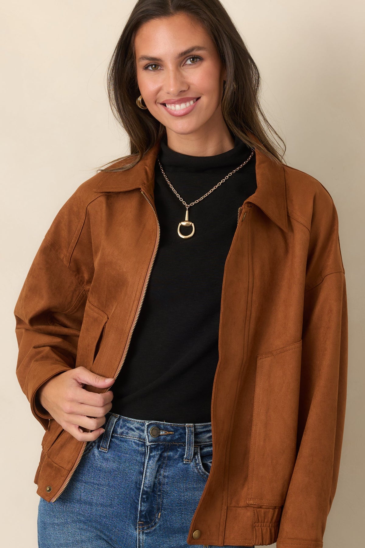 More Adventures Cognac Faux Suede Bomber Jacket