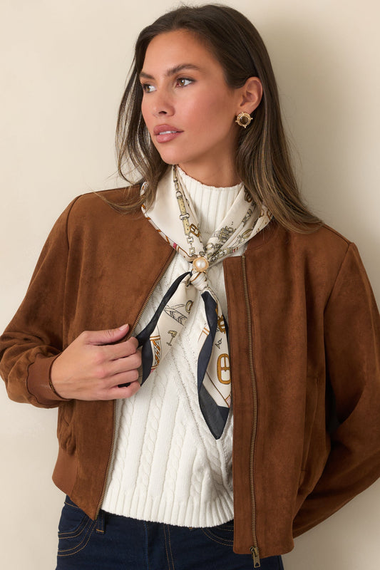Smooth Landing Cognac Faux Suede Bomber Jacket