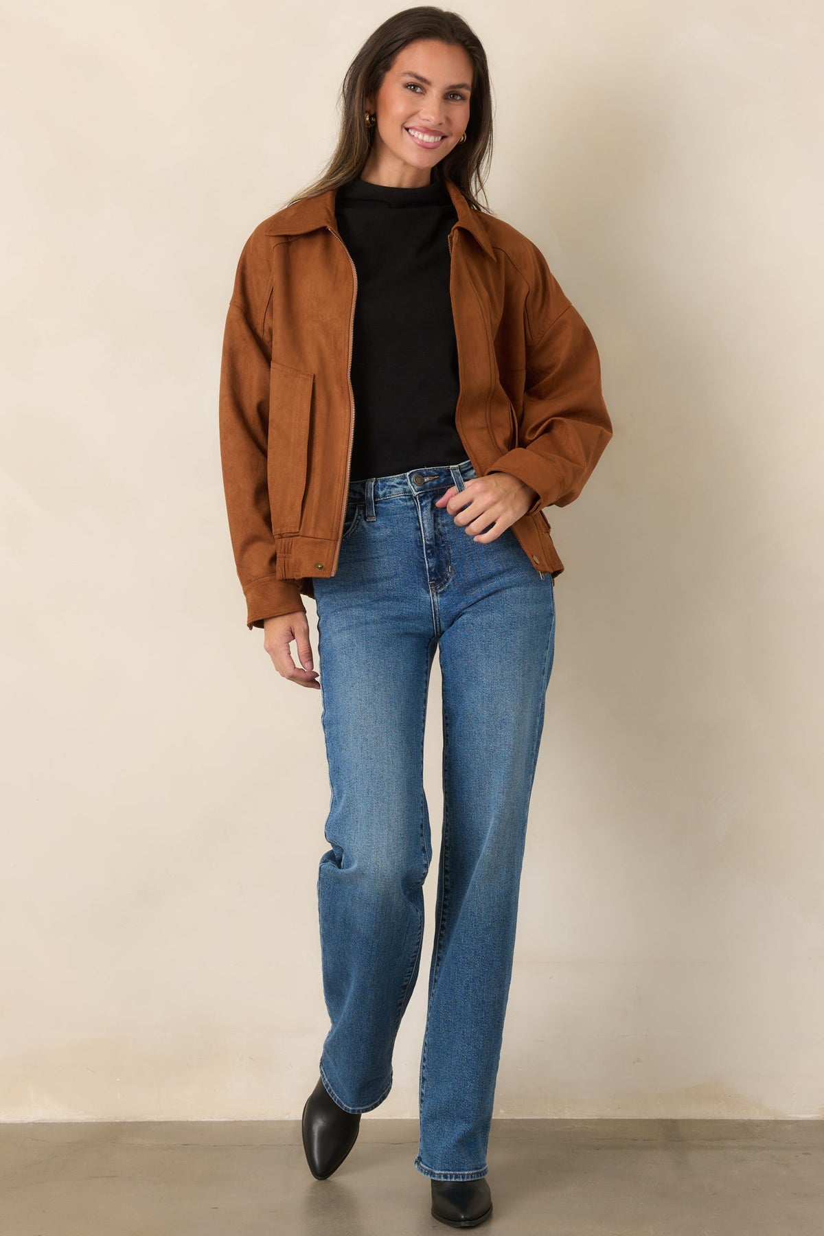 More Adventures Cognac Faux Suede Bomber Jacket