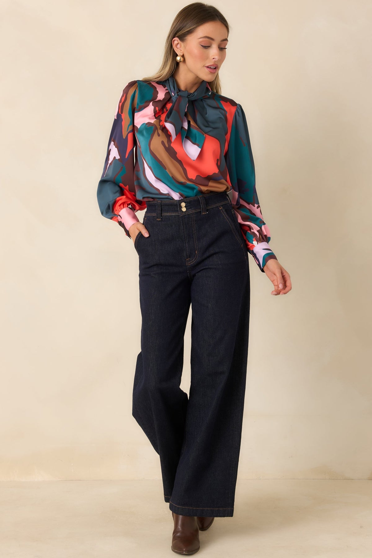 CROSBY Estelle Teal Multi Abstract Leaf Print Tie Neck Blouse