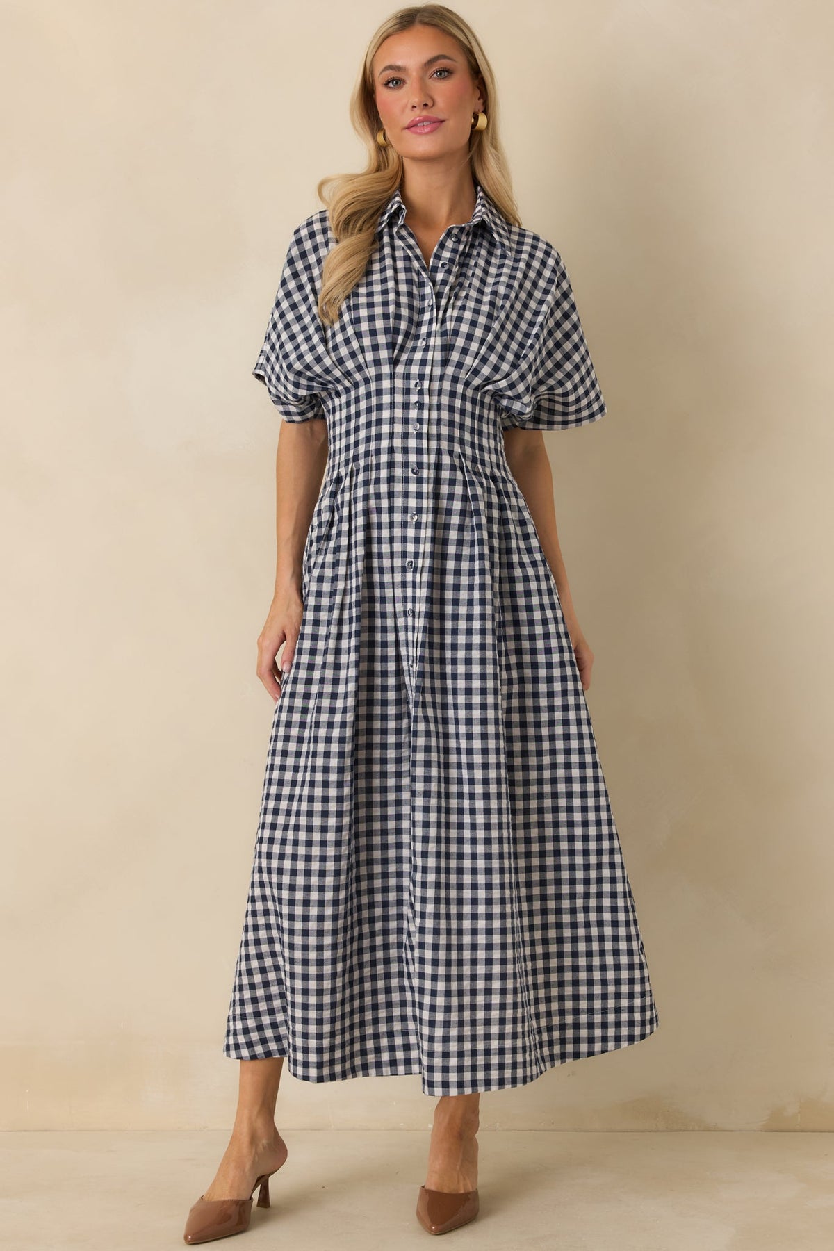 Prosperina Leighton Navy Gingham Button Front Midi Dress