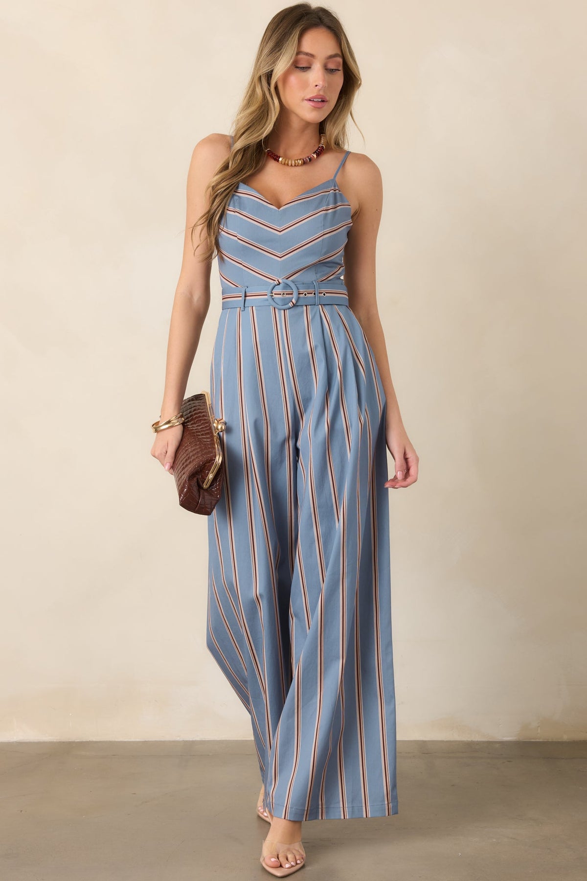 Making Strides Dusty Blue & Brown Stripe Cotton Belted Jumpsuit