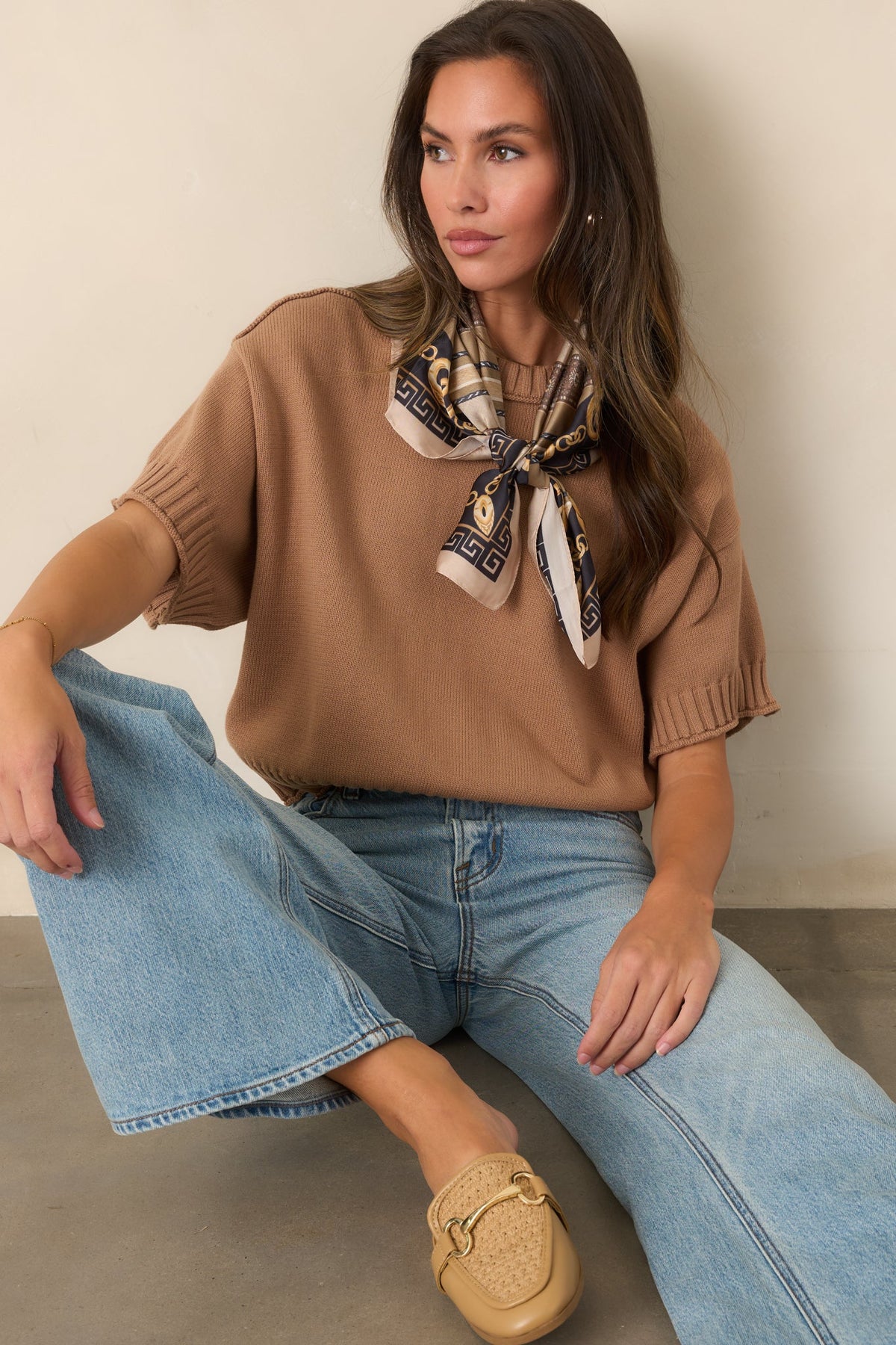 Right at Home Camel Cotton Short Sleeve Rib Trim Sweater