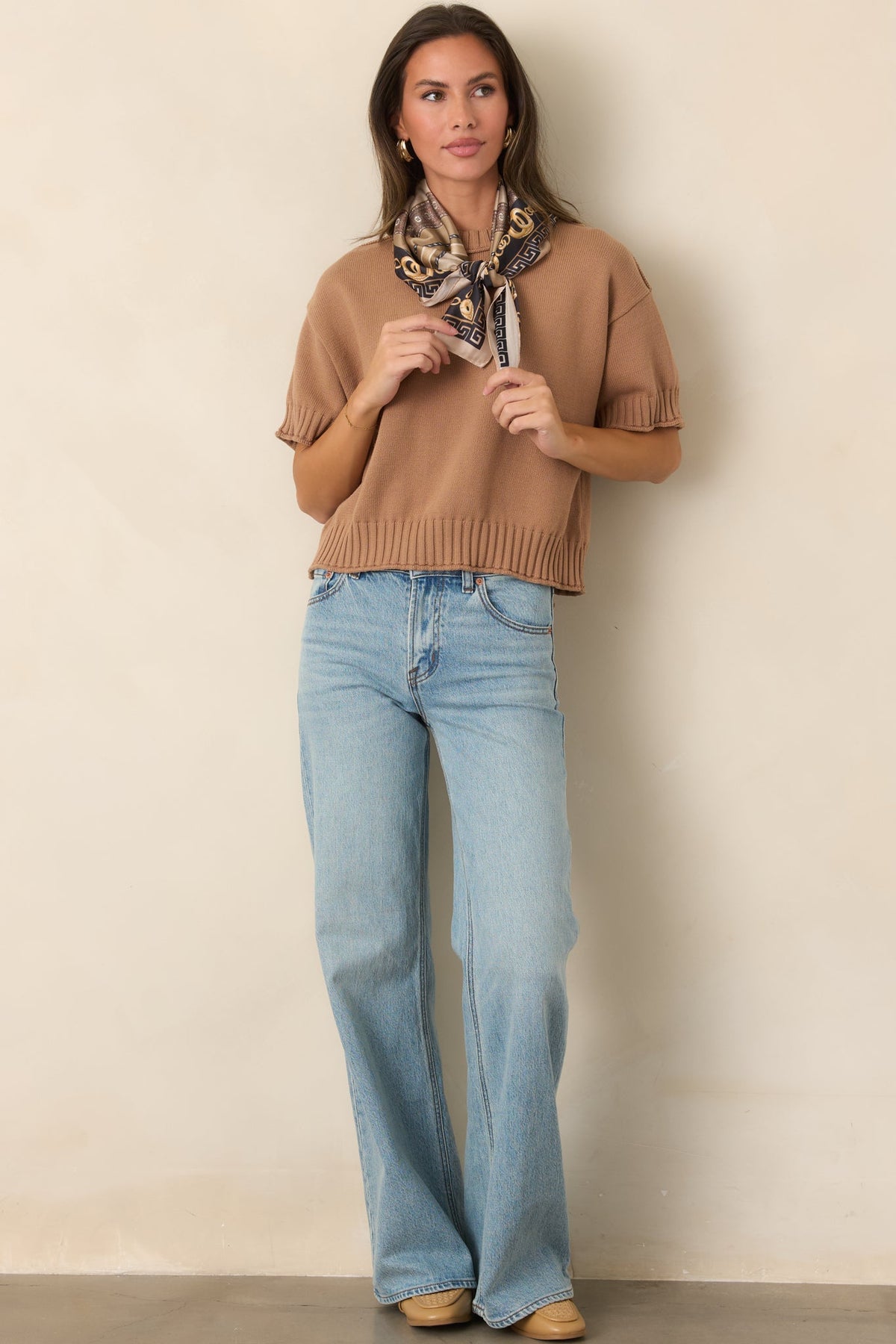 Right at Home Camel Cotton Short Sleeve Rib Trim Sweater