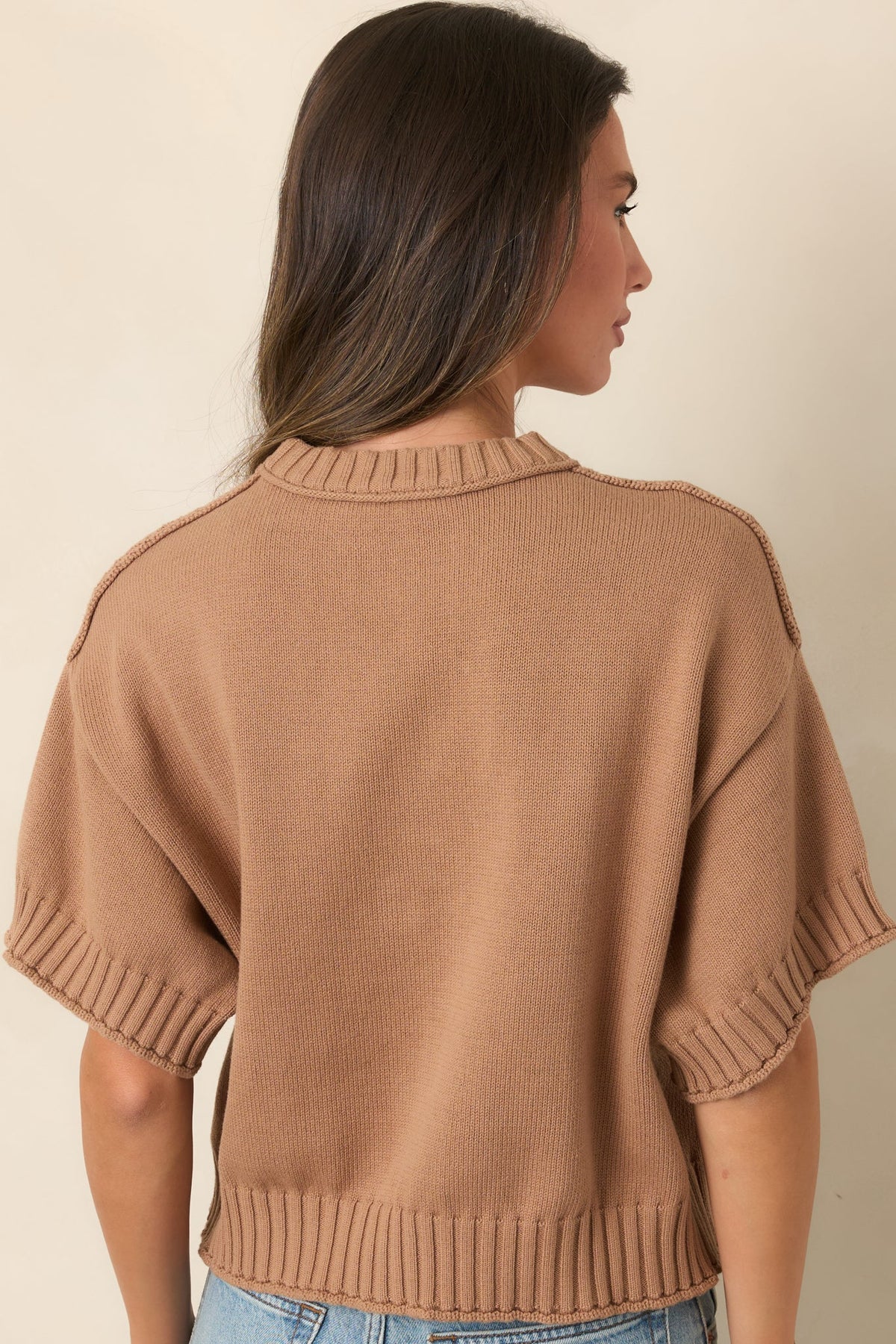 Right at Home Camel Cotton Short Sleeve Rib Trim Sweater