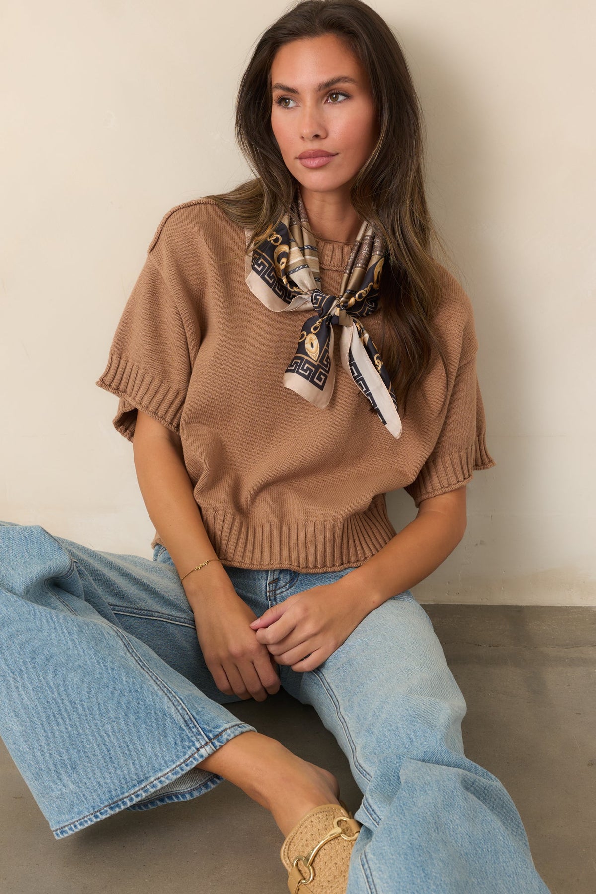 Right at Home Camel Cotton Short Sleeve Rib Trim Sweater