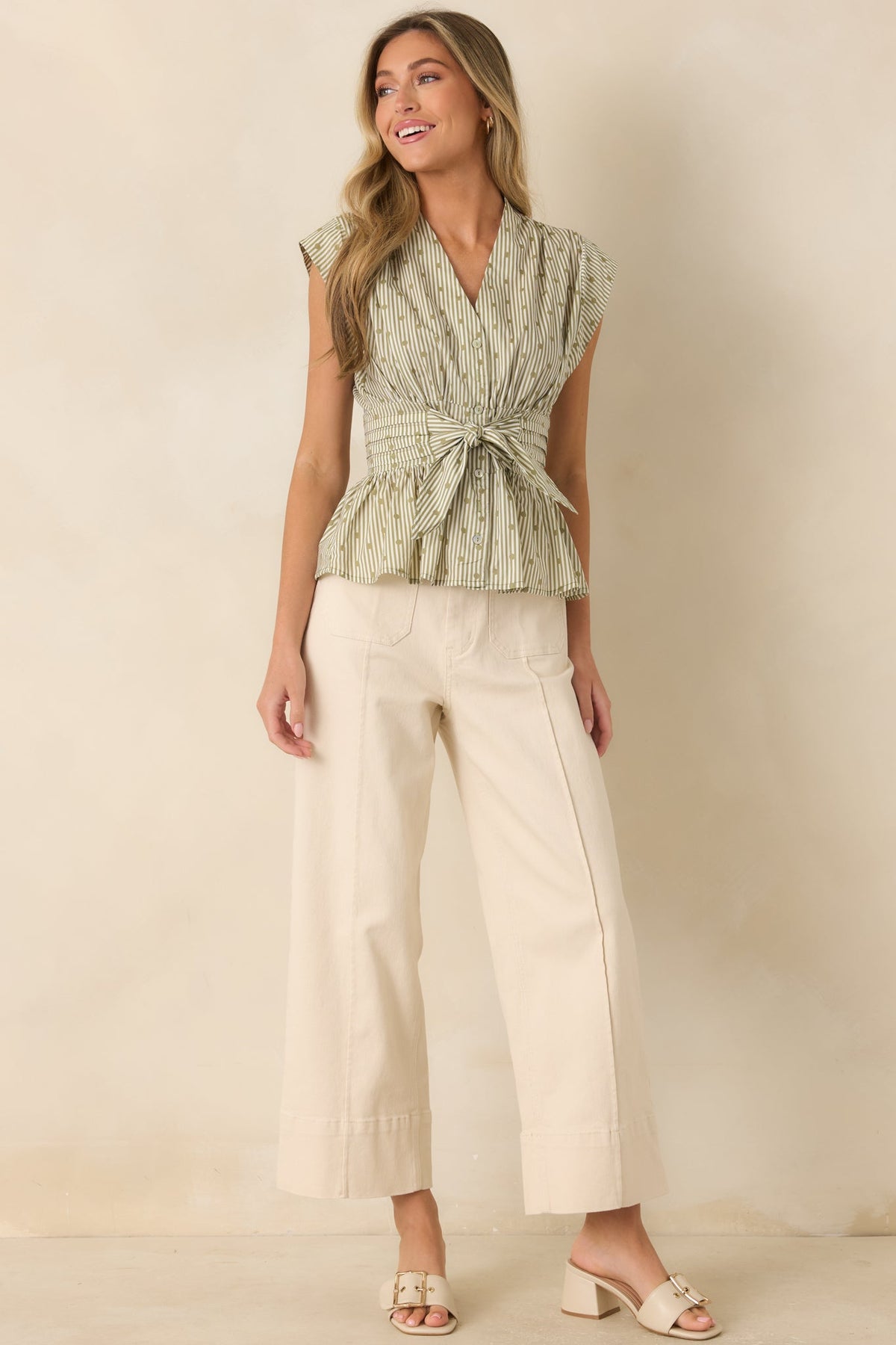 Well Read Olive Green Stripe & Dot Print Cotton Tie Waist Blouse