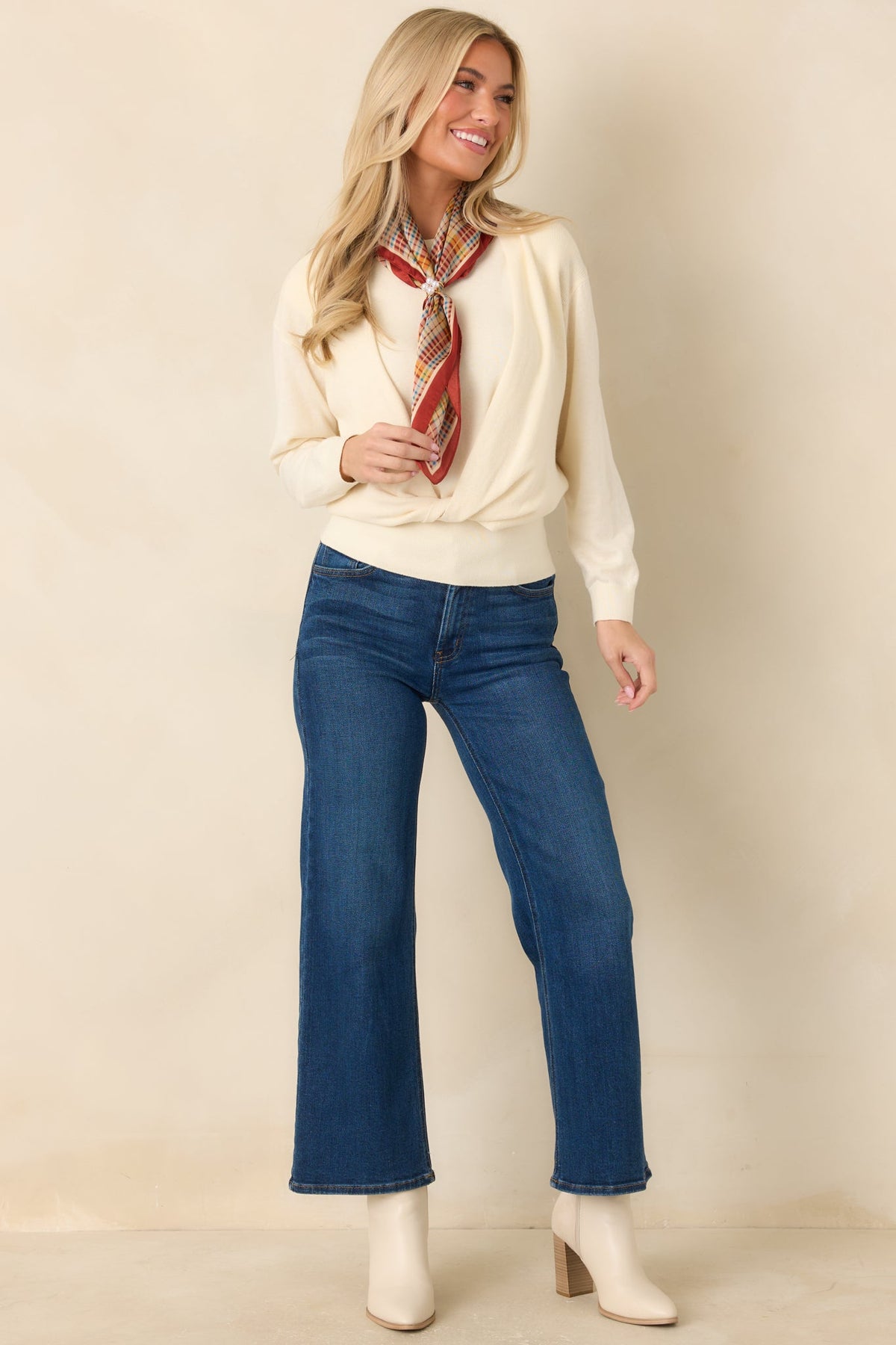 Fine By Me Ivory Cotton Cashmere Blend Twist Front Sweater