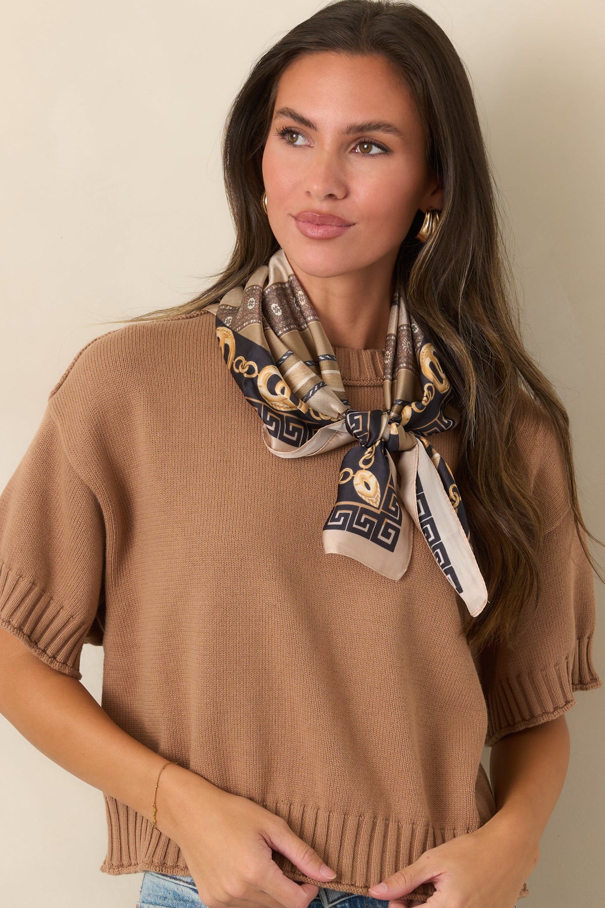 Right at Home Camel Cotton Short Sleeve Rib Trim Sweater