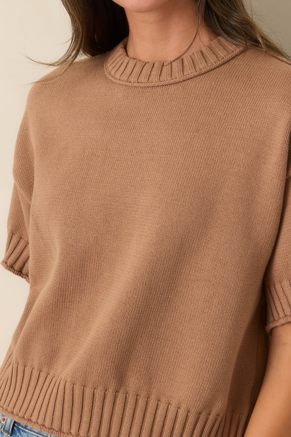 Right at Home Camel Cotton Short Sleeve Rib Trim Sweater