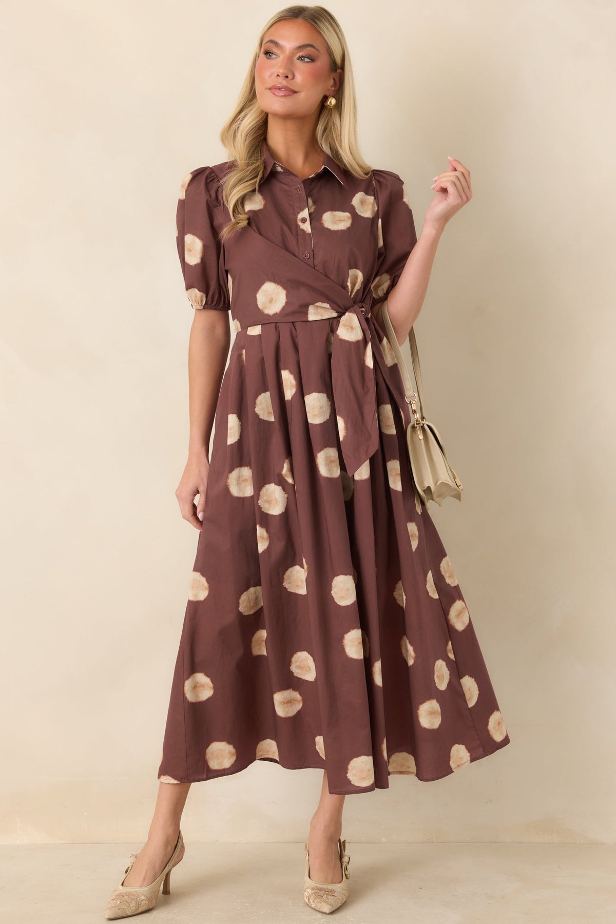 Gather Around Rust Brown Dot Print Cotton Midi Dress