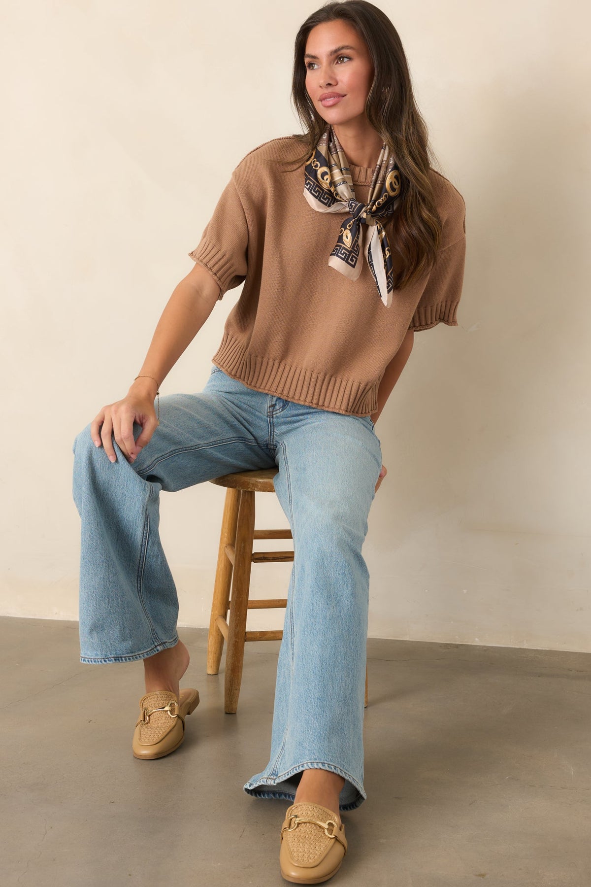Right at Home Camel Cotton Short Sleeve Rib Trim Sweater