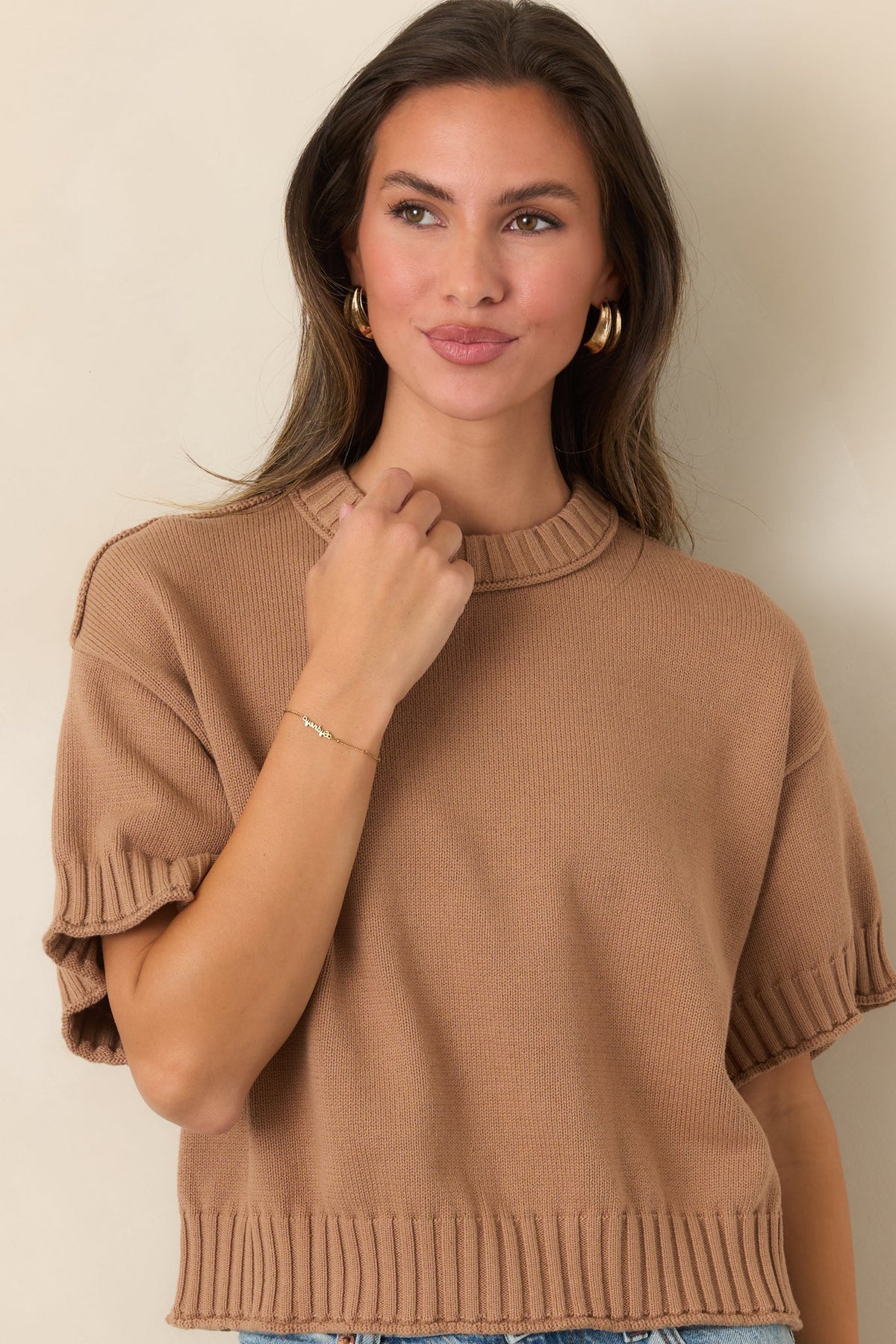 Right at Home Camel Cotton Short Sleeve Rib Trim Sweater