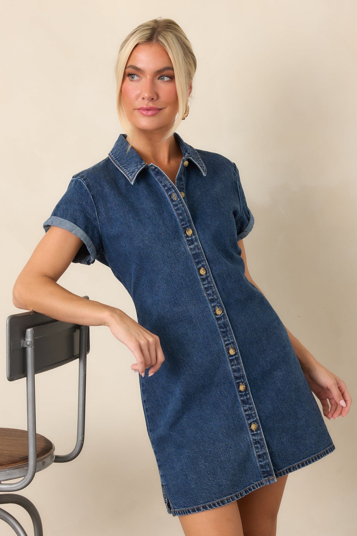 Good American Dark Wash Cotton Denim Polo Mini Dress