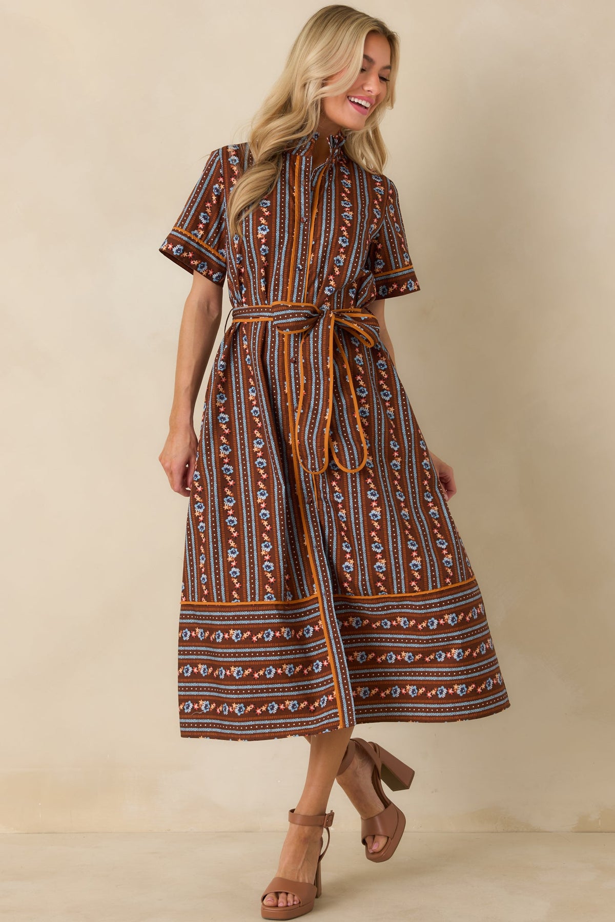 Prosperina Whitaker Brown Multi Floral Stripe Cotton Midi Dress