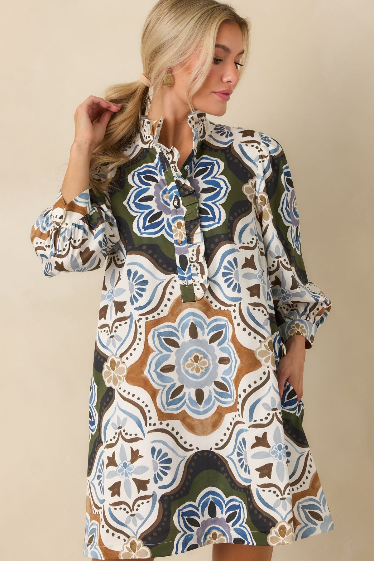 Prosperina Maren Olive Multi Medallion Print Cotton Mini Dress
