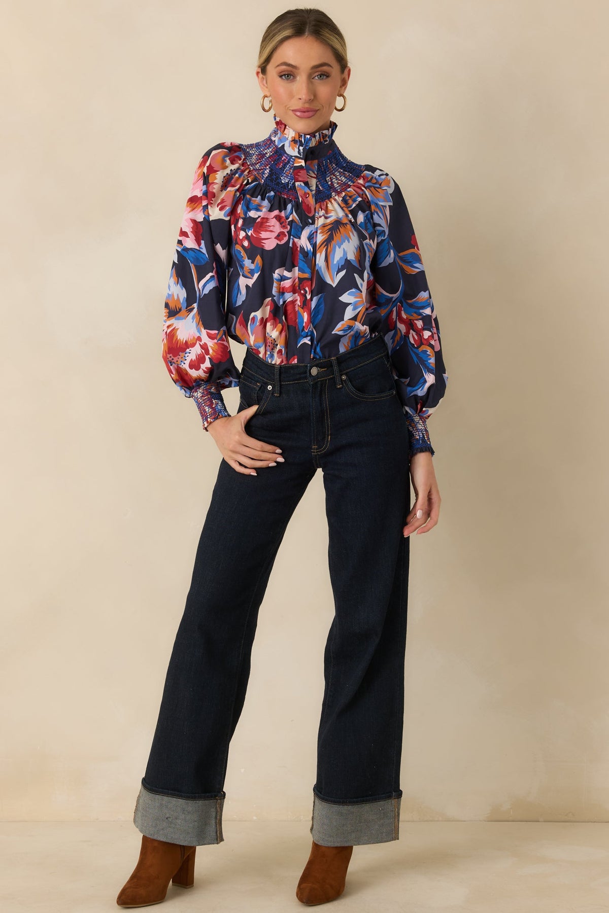 Prosperina Bedford Navy Multi Floral Cotton Smocked Blouse