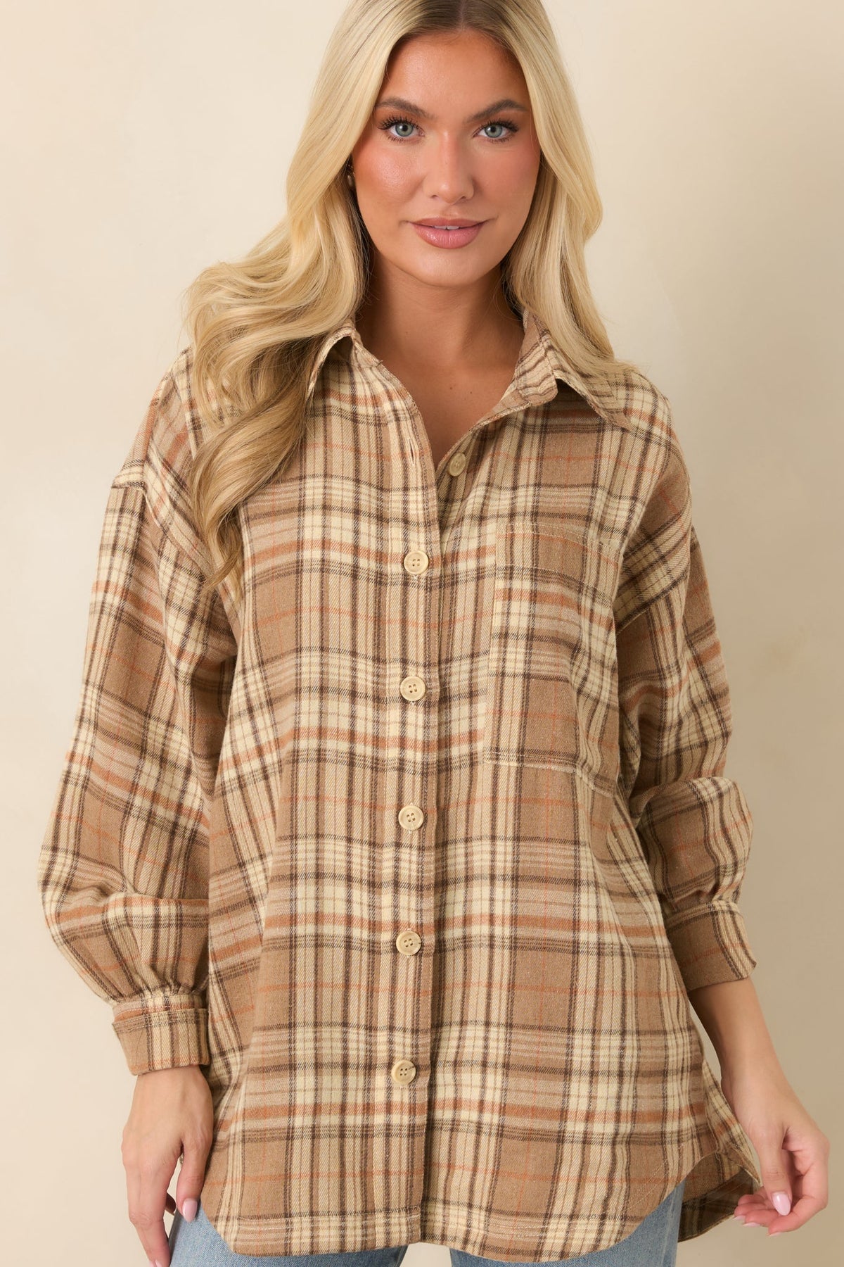 I’ll Put the Coffee On Beige Plaid Cotton Button Front Shirt