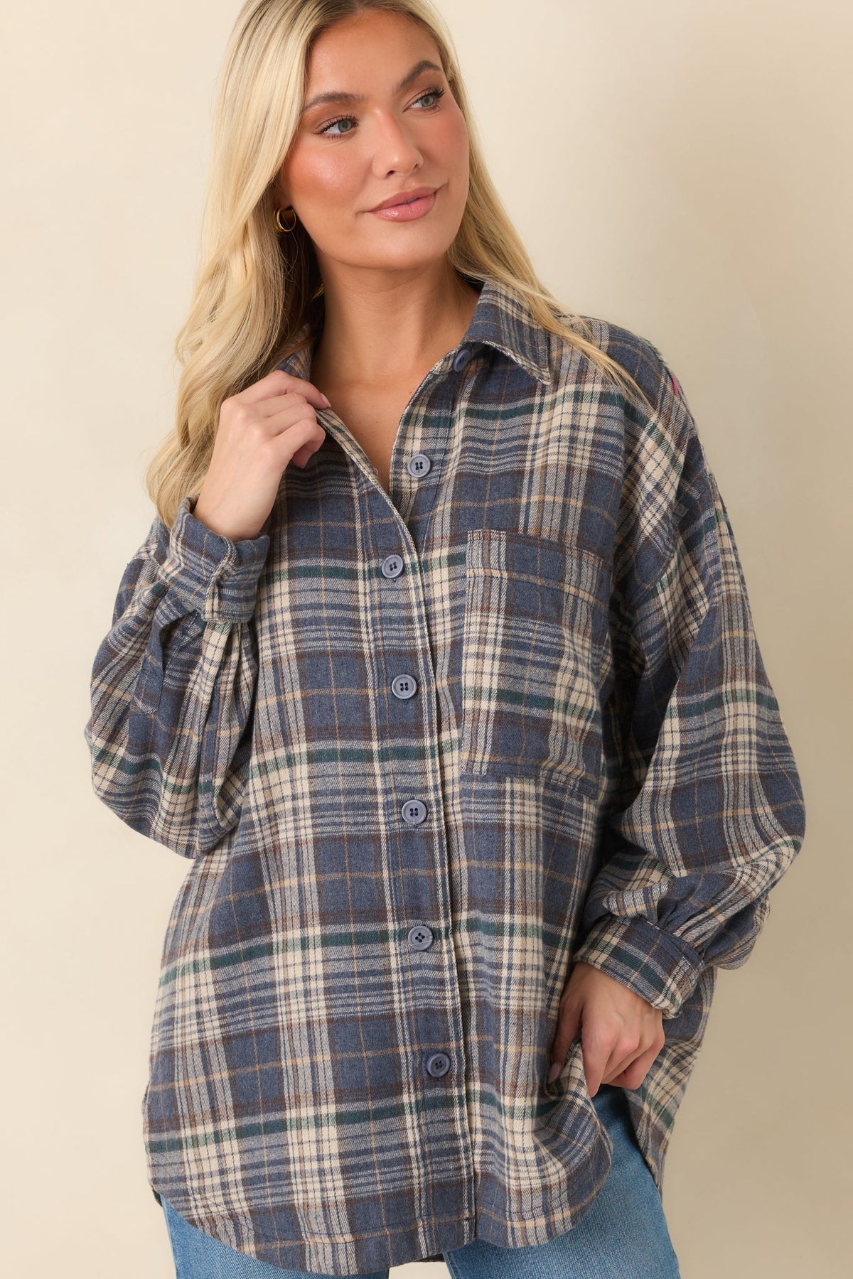 I’ll Put the Coffee On Slate Blue Multi Plaid Cotton Button-Up Shirt