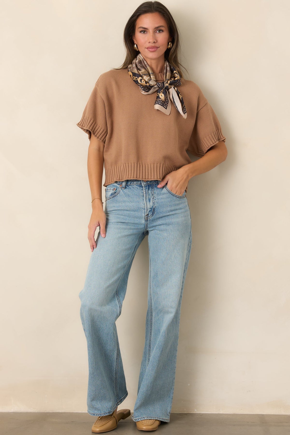 Right at Home Camel Cotton Short Sleeve Rib Trim Sweater