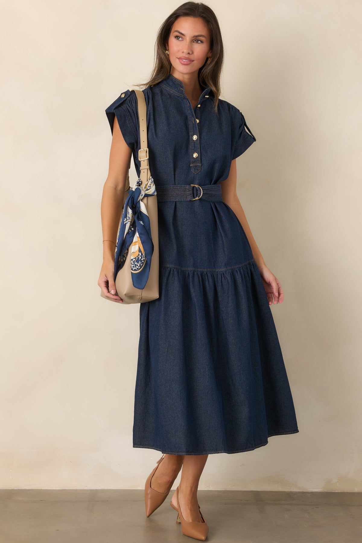 Moving With Confidence Dark Wash Tiered Denim Midi Dress