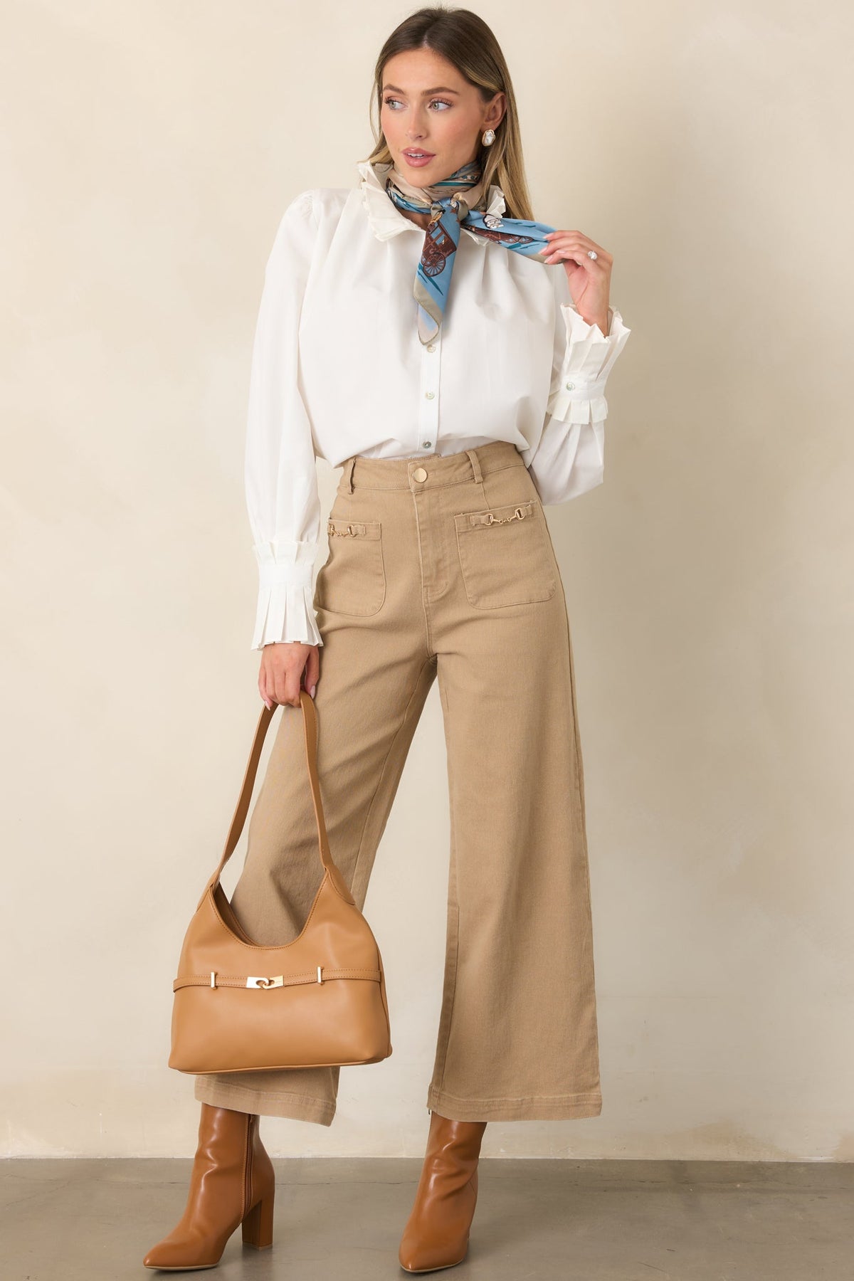 So to Speak White Pleated Ruffle Button Front Blouse