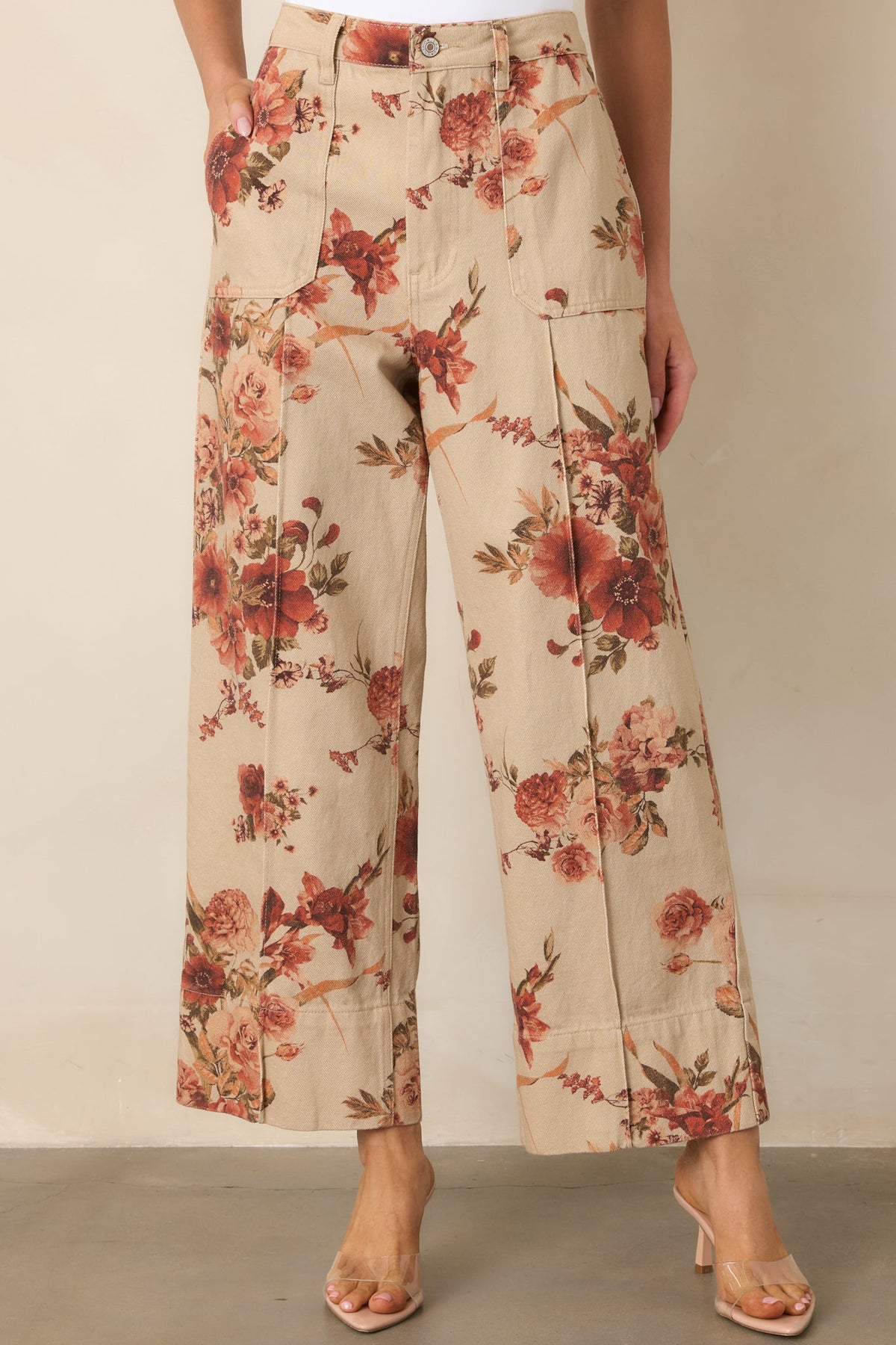 Naturally Speaking Taupe & Rust Floral Cotton Wide Leg Pants