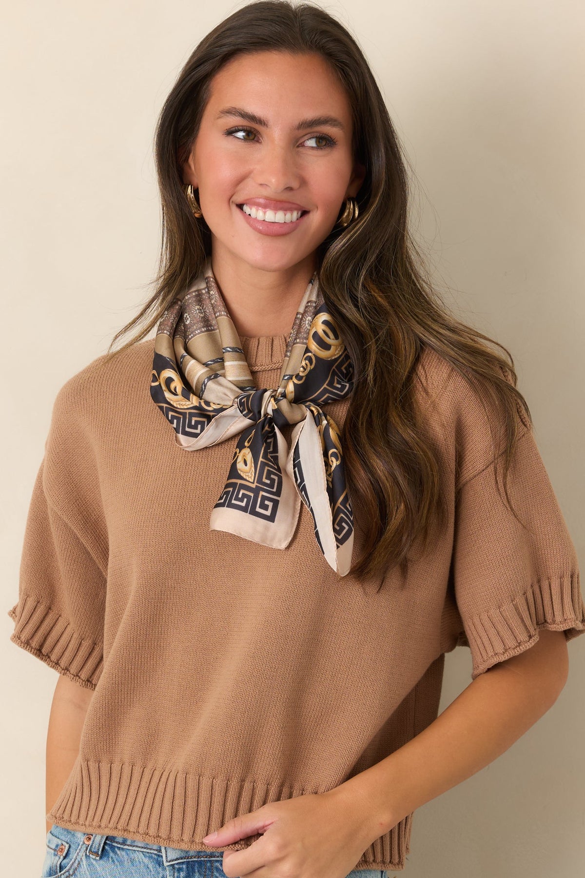 Right at Home Camel Cotton Short Sleeve Rib Trim Sweater