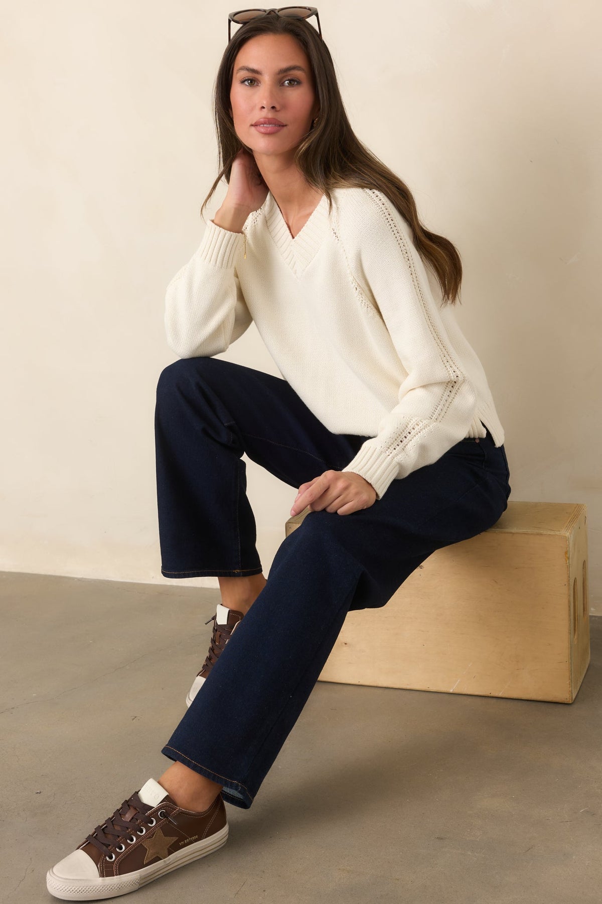 Z Supply Stratton Ivory Knit Cotton V-Neck Sweater