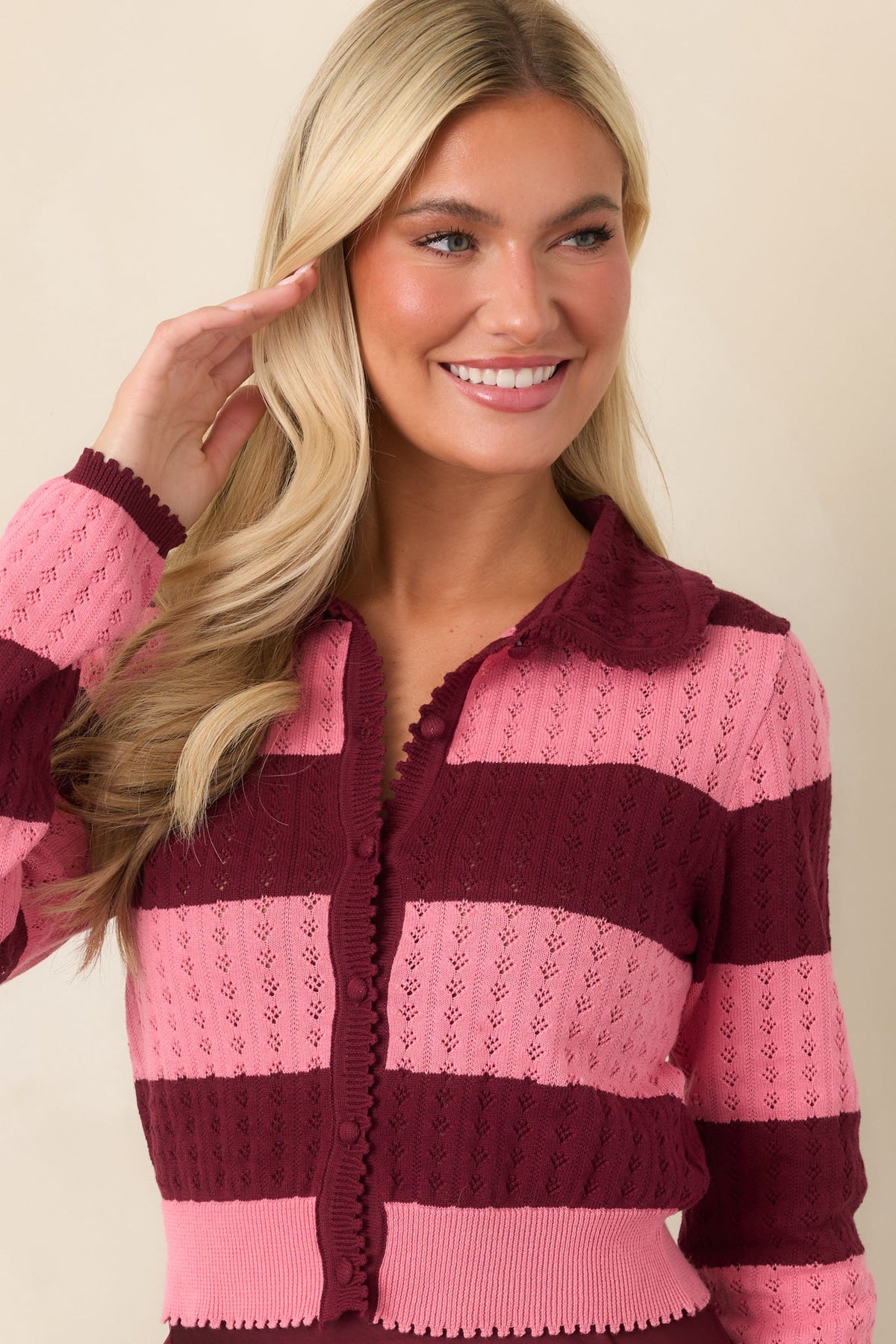 MINKPINK Lourdes Wine & Pink Stripe Cotton Pointelle Cardigan